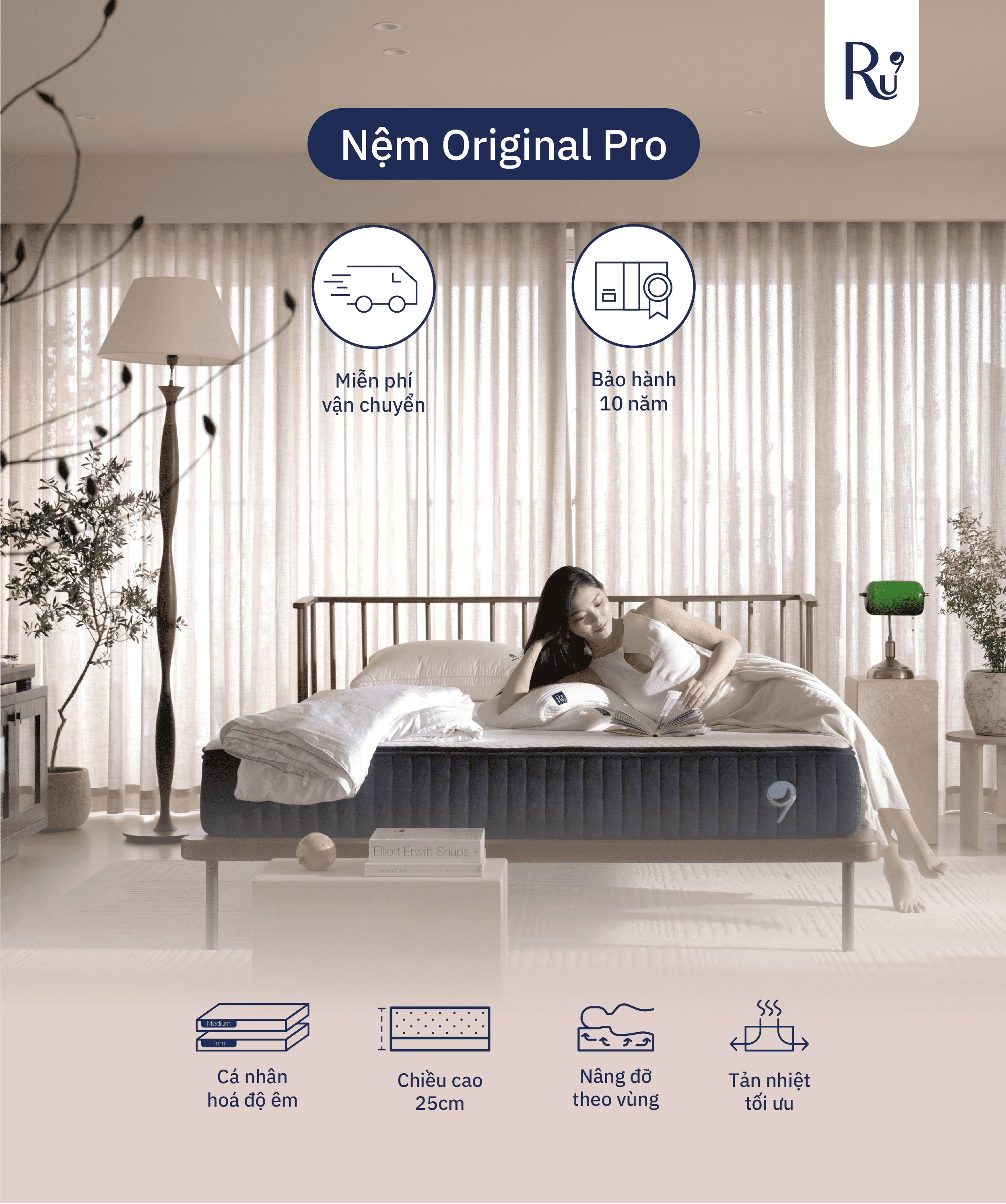 Mô tả Nệm Foam Cao Cấp Ru9 Original Pro 25cm - Trắng Xanh | Lớp Foam 3 vùng | Tùy chỉnh độ êm | Bao gồm 6 Kích Thước - 1