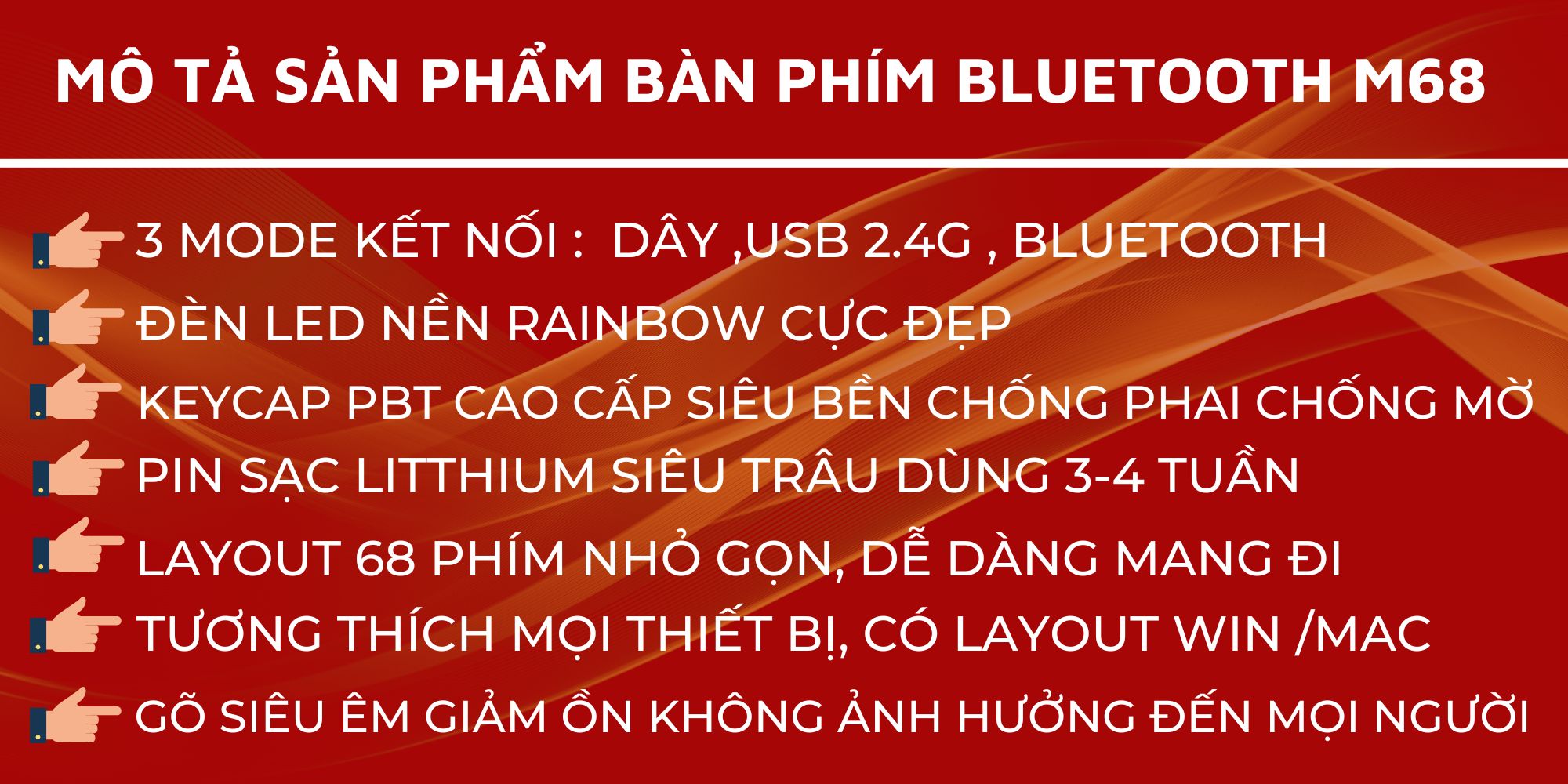 Mô tả Bàn Phím Không Dây Ziyou FreeWolf M68 Bluetooth 5.3 Kết Nối Đa Năng Led Pro Pin Sạc - 2