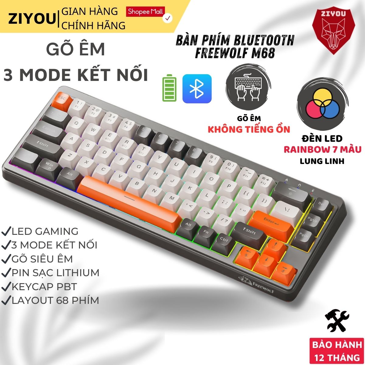 Mô tả Bàn Phím Không Dây Ziyou FreeWolf M68 Bluetooth 5.3 Kết Nối Đa Năng Led Pro Pin Sạc - 4