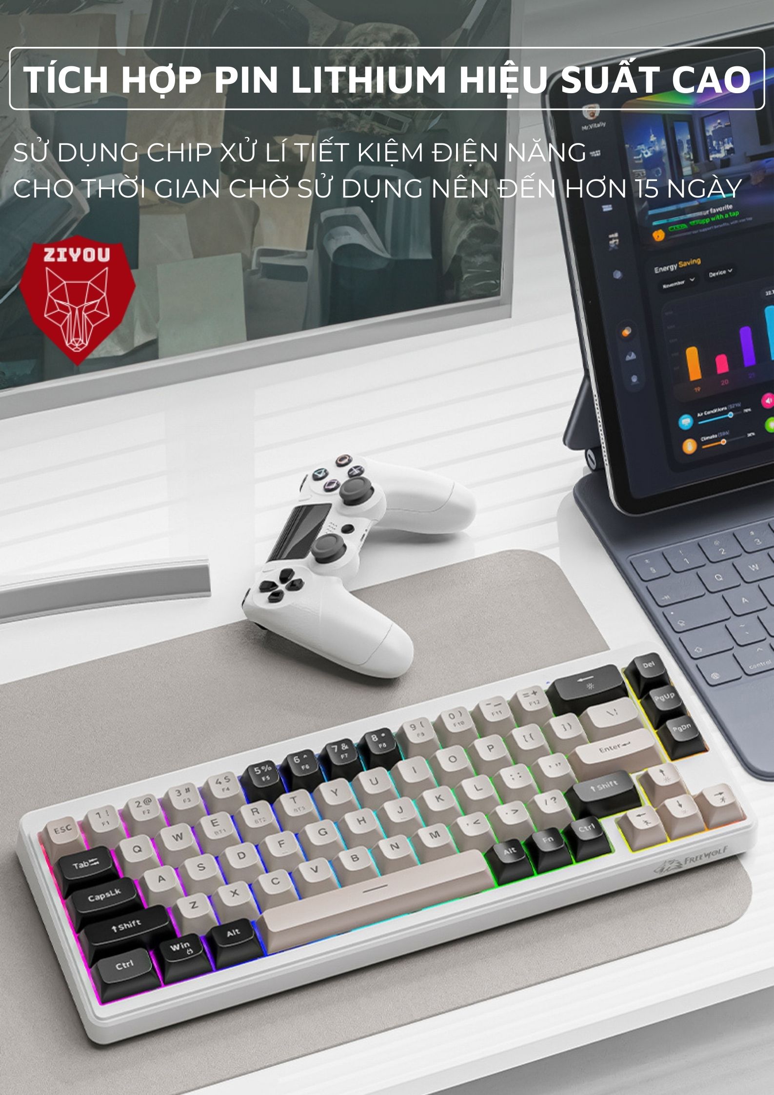 Mô tả Bàn Phím Không Dây Ziyou FreeWolf M68 Bluetooth 5.3 Kết Nối Đa Năng Led Pro Pin Sạc - 8