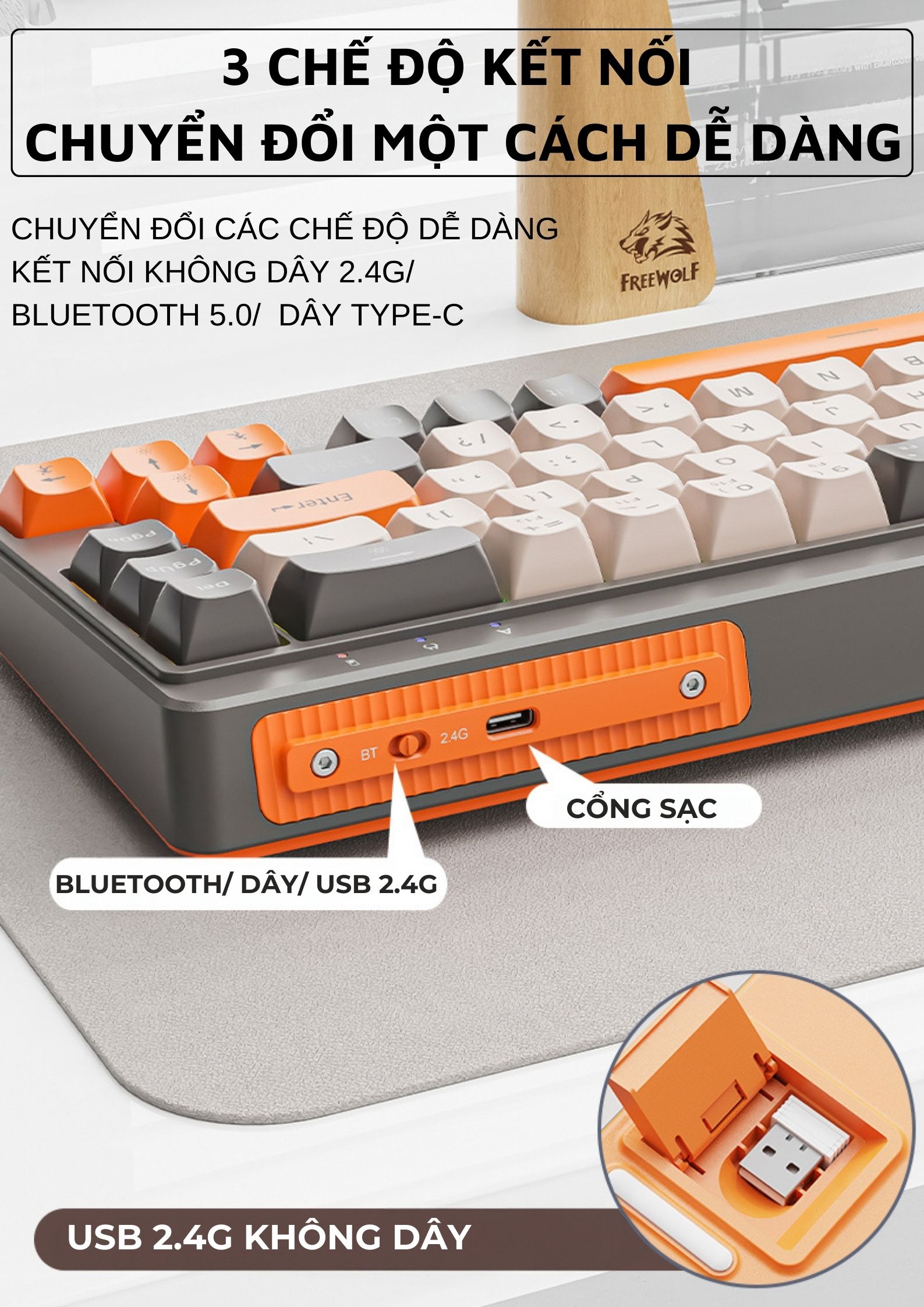 Mô tả Bàn Phím Không Dây Ziyou FreeWolf M68 Bluetooth 5.3 Kết Nối Đa Năng Led Pro Pin Sạc - 10