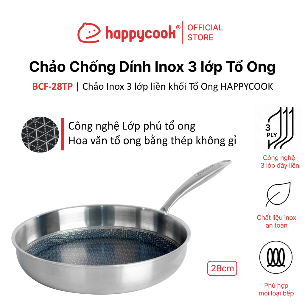 Mô tả Chảo Chống Dính Inox 3 lớp liền khối Tổ Ong 28cm HAPPYCOOK, BCF-28TP - 1