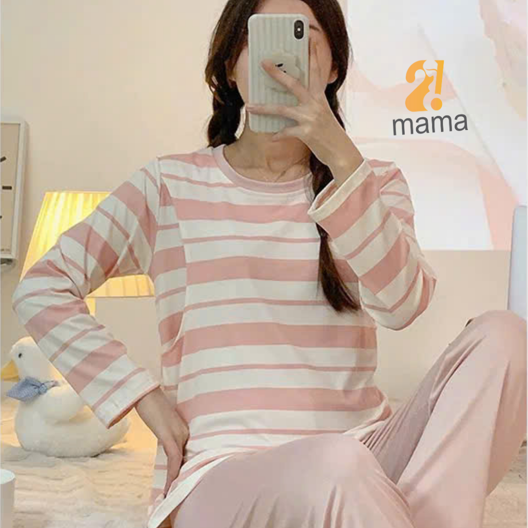 Mô tả Bộ Bầu Mặc Nhà Cotton Kẻ xanh hồng Đồ Bầu Sau Sinh Mở 2 Bên Cho Con Bú Và Quần Chun Chỉnh Bụng, Dài Tay 2mama - 4