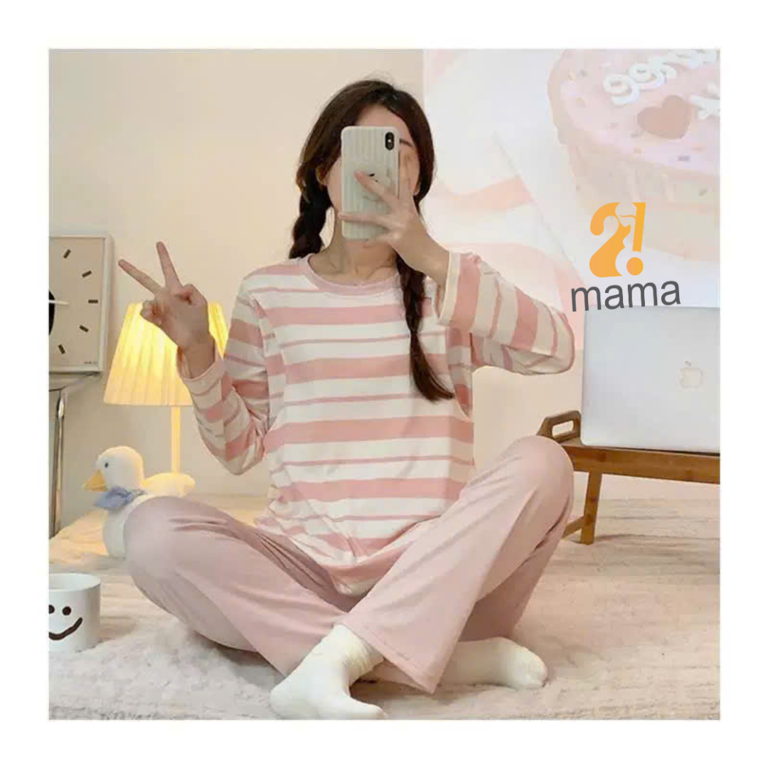 Mô tả Bộ Bầu Mặc Nhà Cotton Kẻ xanh hồng Đồ Bầu Sau Sinh Mở 2 Bên Cho Con Bú Và Quần Chun Chỉnh Bụng, Dài Tay 2mama - 2