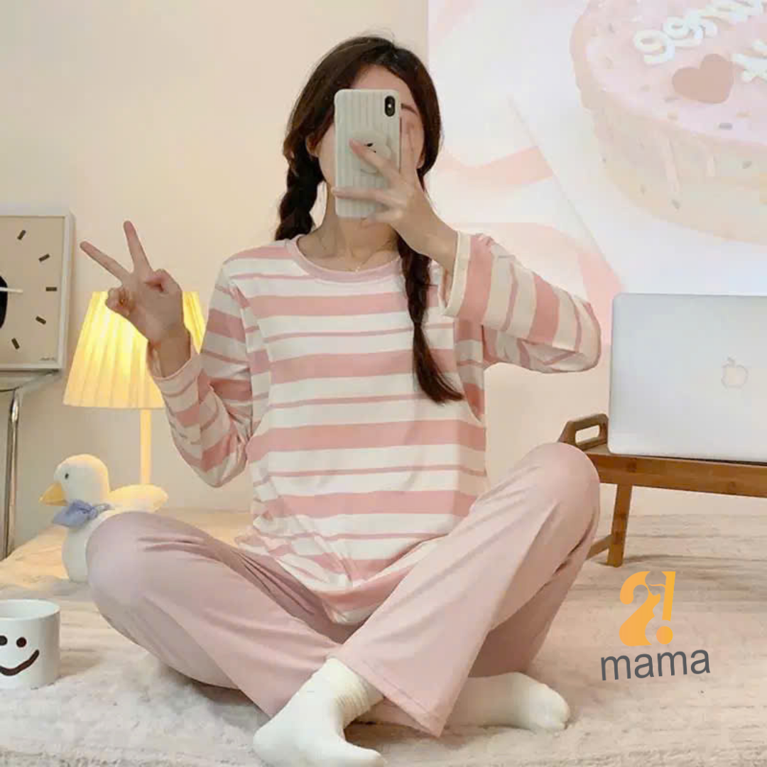Mô tả Bộ Bầu Mặc Nhà Cotton Kẻ xanh hồng Đồ Bầu Sau Sinh Mở 2 Bên Cho Con Bú Và Quần Chun Chỉnh Bụng, Dài Tay 2mama - 5