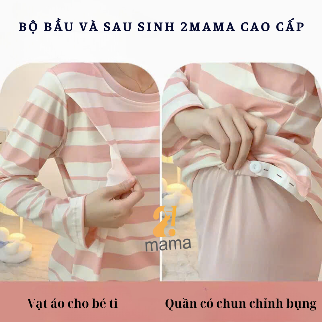 Mô tả Bộ Bầu Mặc Nhà Cotton Kẻ xanh hồng Đồ Bầu Sau Sinh Mở 2 Bên Cho Con Bú Và Quần Chun Chỉnh Bụng, Dài Tay 2mama - 6