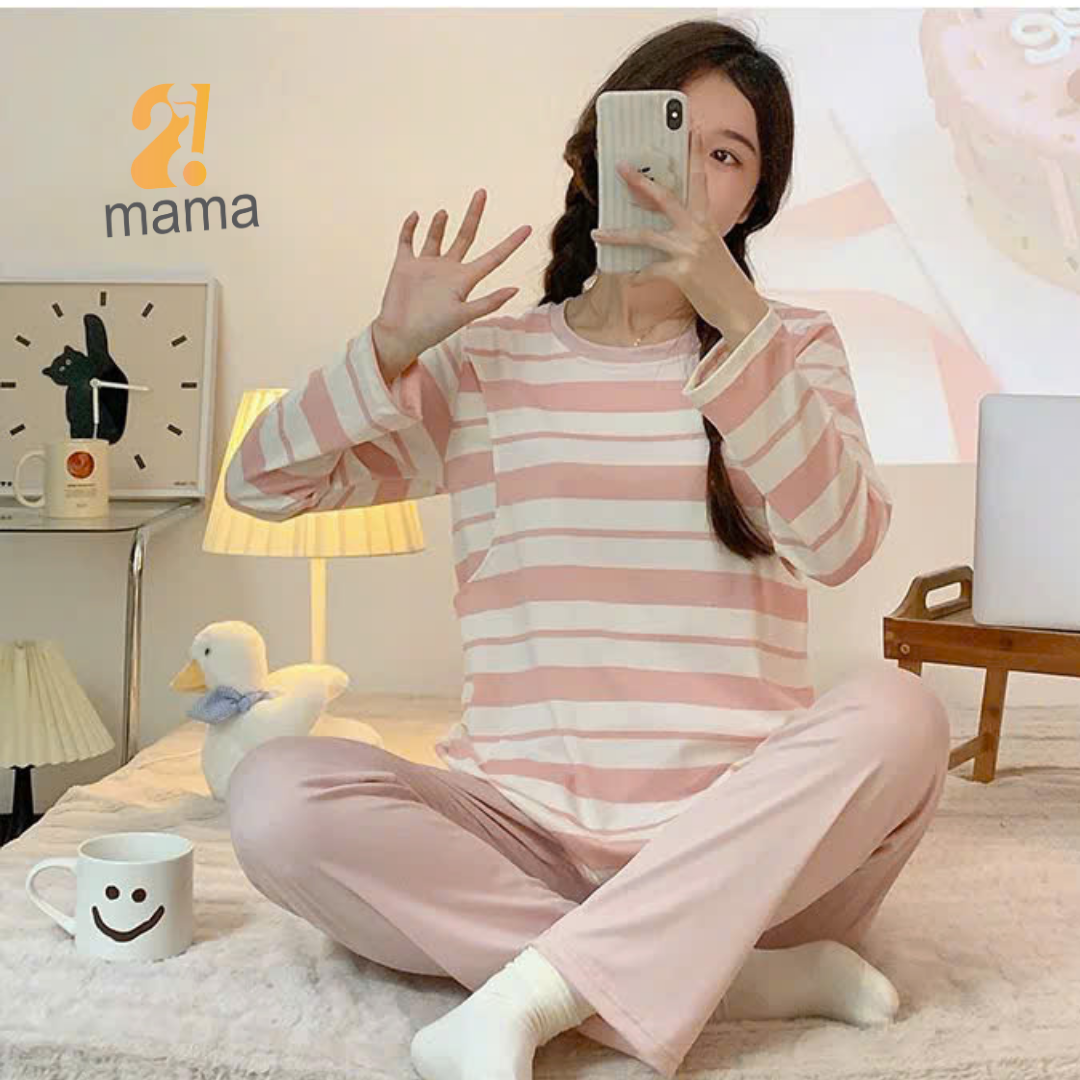 Mô tả Bộ Bầu Mặc Nhà Cotton Kẻ xanh hồng Đồ Bầu Sau Sinh Mở 2 Bên Cho Con Bú Và Quần Chun Chỉnh Bụng, Dài Tay 2mama - 7