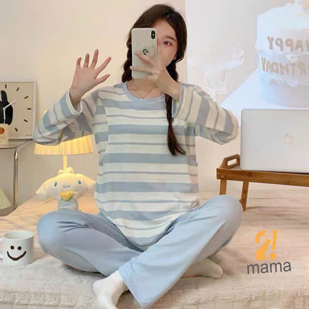 Mô tả Bộ Bầu Mặc Nhà Cotton Kẻ xanh hồng Đồ Bầu Sau Sinh Mở 2 Bên Cho Con Bú Và Quần Chun Chỉnh Bụng, Dài Tay 2mama - 9