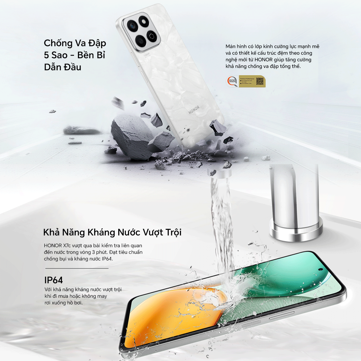 Mô tả Điện thoại di động HONOR X7c 8GB + 256GB | Pin 6000mAh | Camera 108MP| Loa kép | Kháng nước IP64 - 4