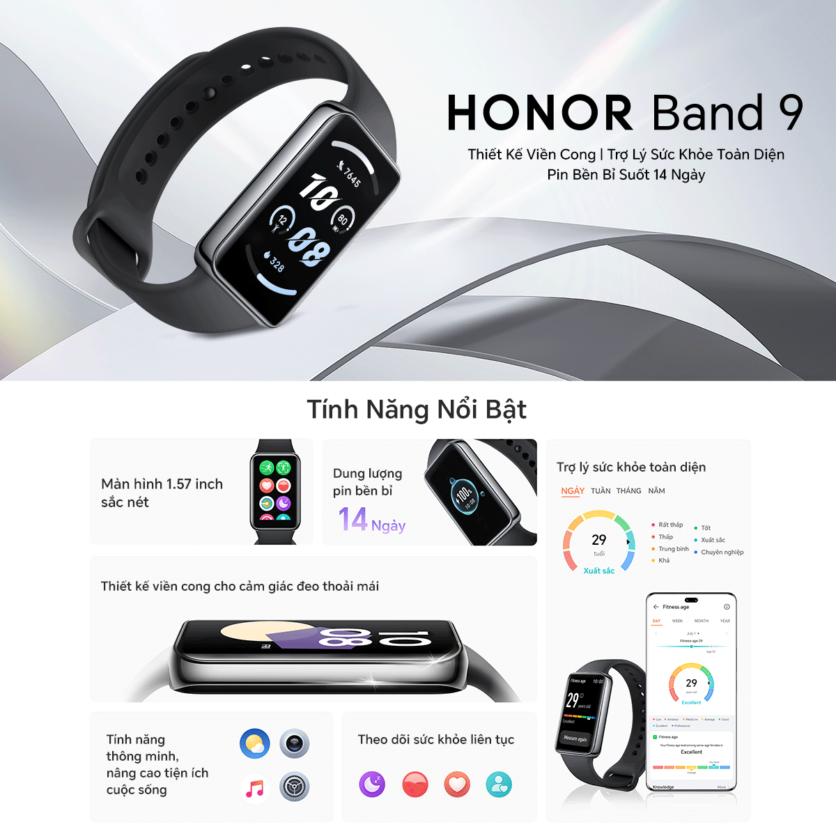 Mô tả Đồng hồ đeo tay thông minh HONOR Band 9 Pin 14 ngày Kháng nước 5ATM 96 chế độ thể thao| BH 12 Tháng - 1