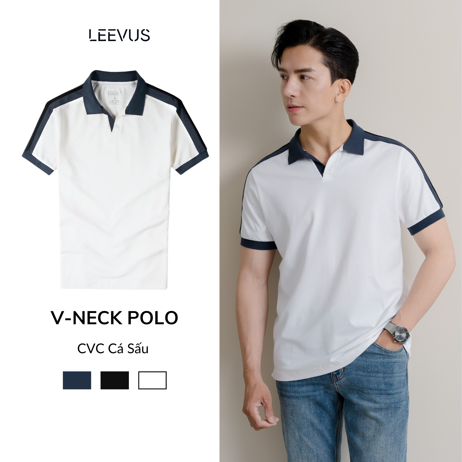 Mô tả Áo Polo nam V-NECK LEEVUS phối bo, vải CVC cá sấu, form regular APL318 - 1