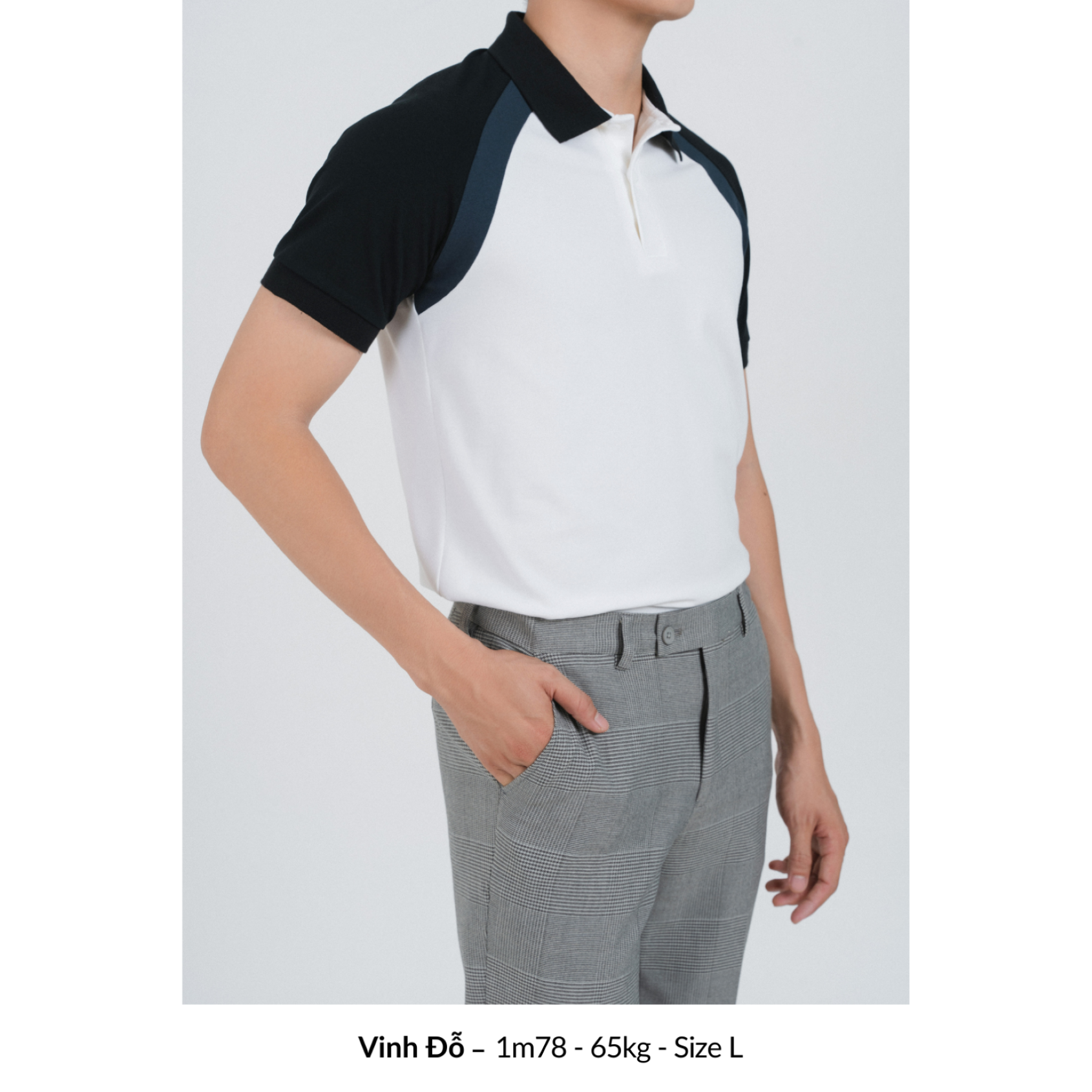 Mô tả Áo Polo nam ROVE LEEVUS màu trắng phối raglan đen xanh, CVC cá sấu, form regular APL316 - 4