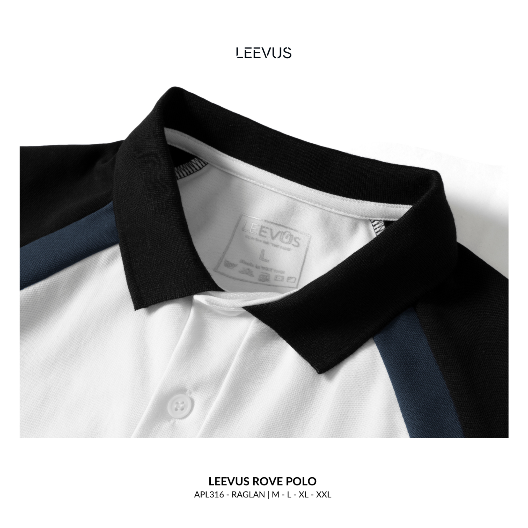 Mô tả Áo Polo nam ROVE LEEVUS màu trắng phối raglan đen xanh, CVC cá sấu, form regular APL316 - 5