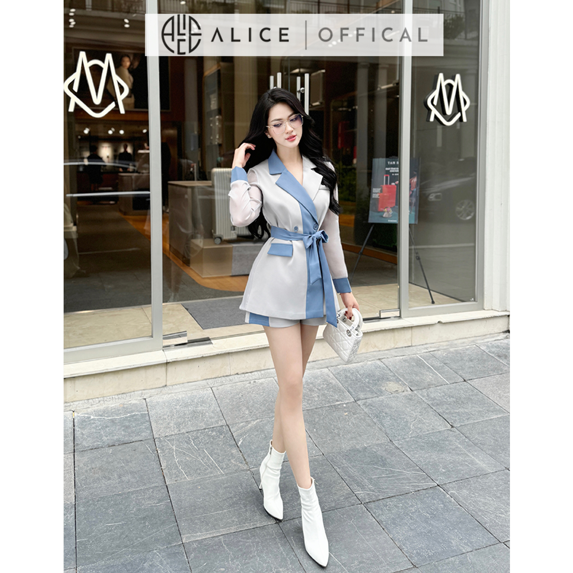 Mô tả Set Vest Thanh Lịch Phối Màu Xanh Ghi Alice Chất Tơ Hàn Lót Lụa Áo Thắt Eo Phối Quần Ngắn Thoải Mái S700 - 3