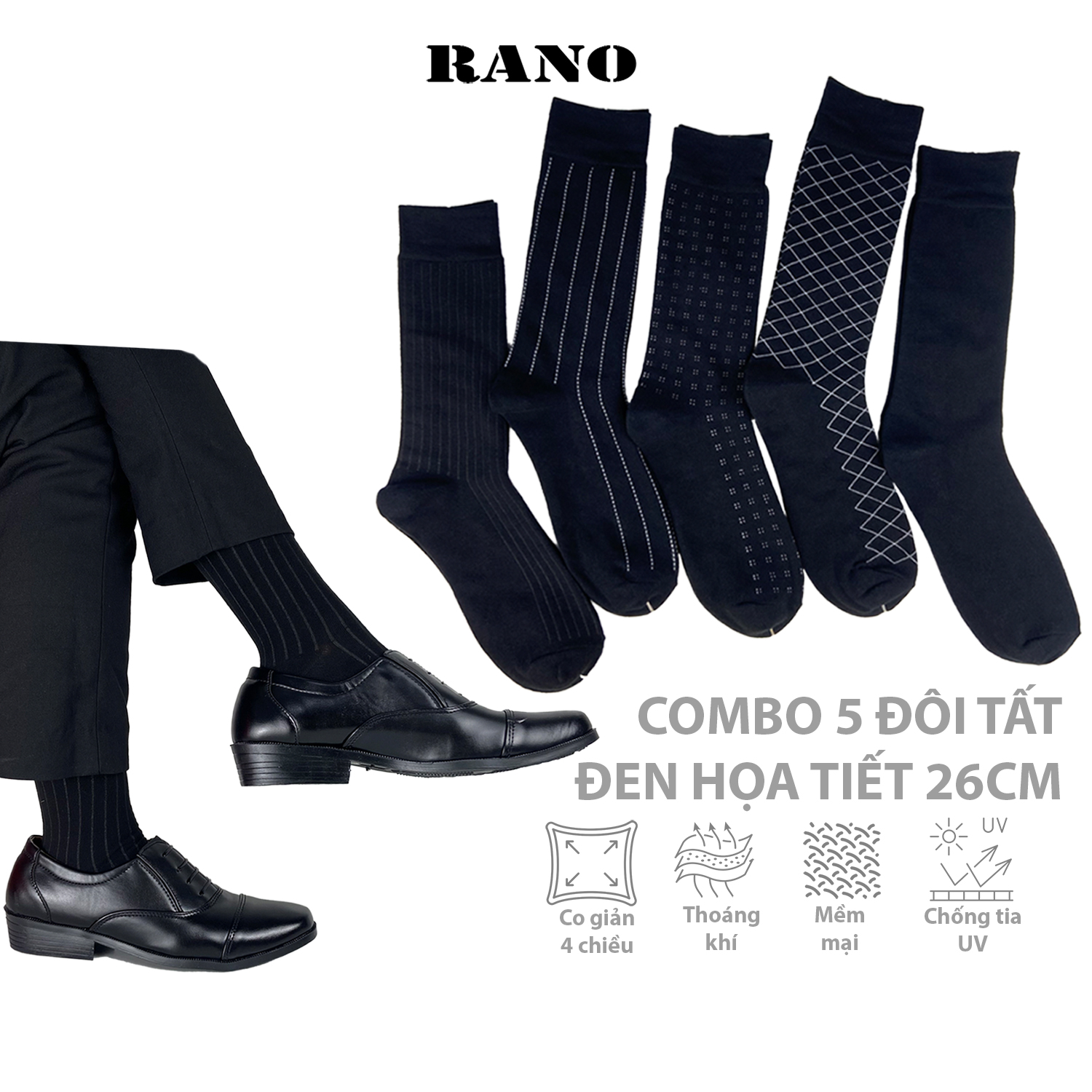 Mô tả Tất Giày Tây Đen Cổ Cao 30-32cm Họa Tiết trắng RANO Cotton Mềm Mại Thoáng Khí Khử Mùi - CBCAO26CM - 1