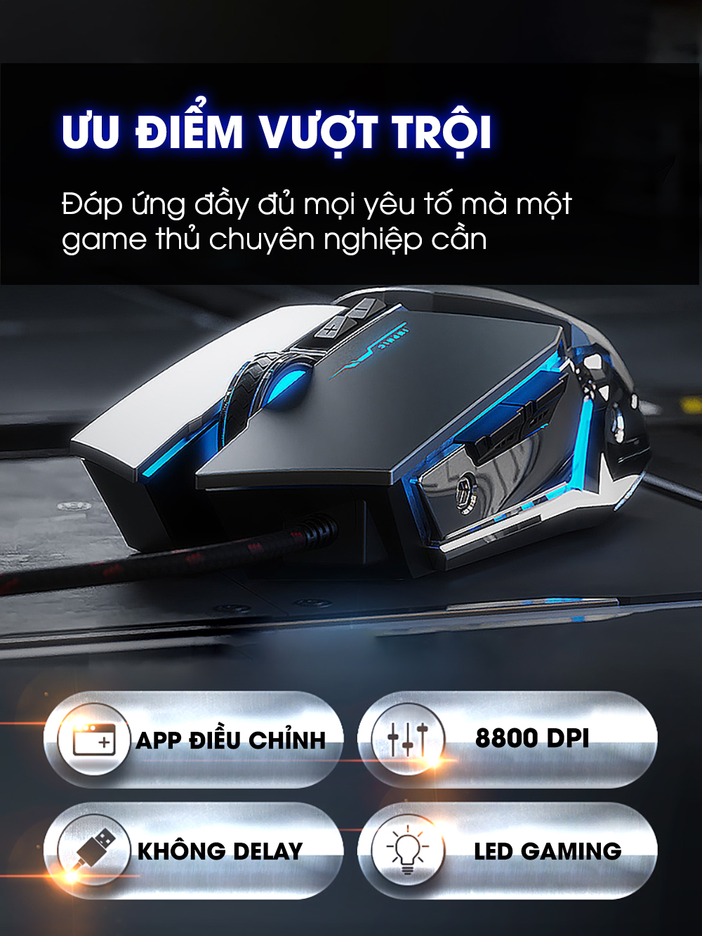 Mô tả Chuột máy tính gaming SIDOTECH W2PRO có dây silent chống ồn 7 nút bấm 8800 DPI có app laptop pc - 2