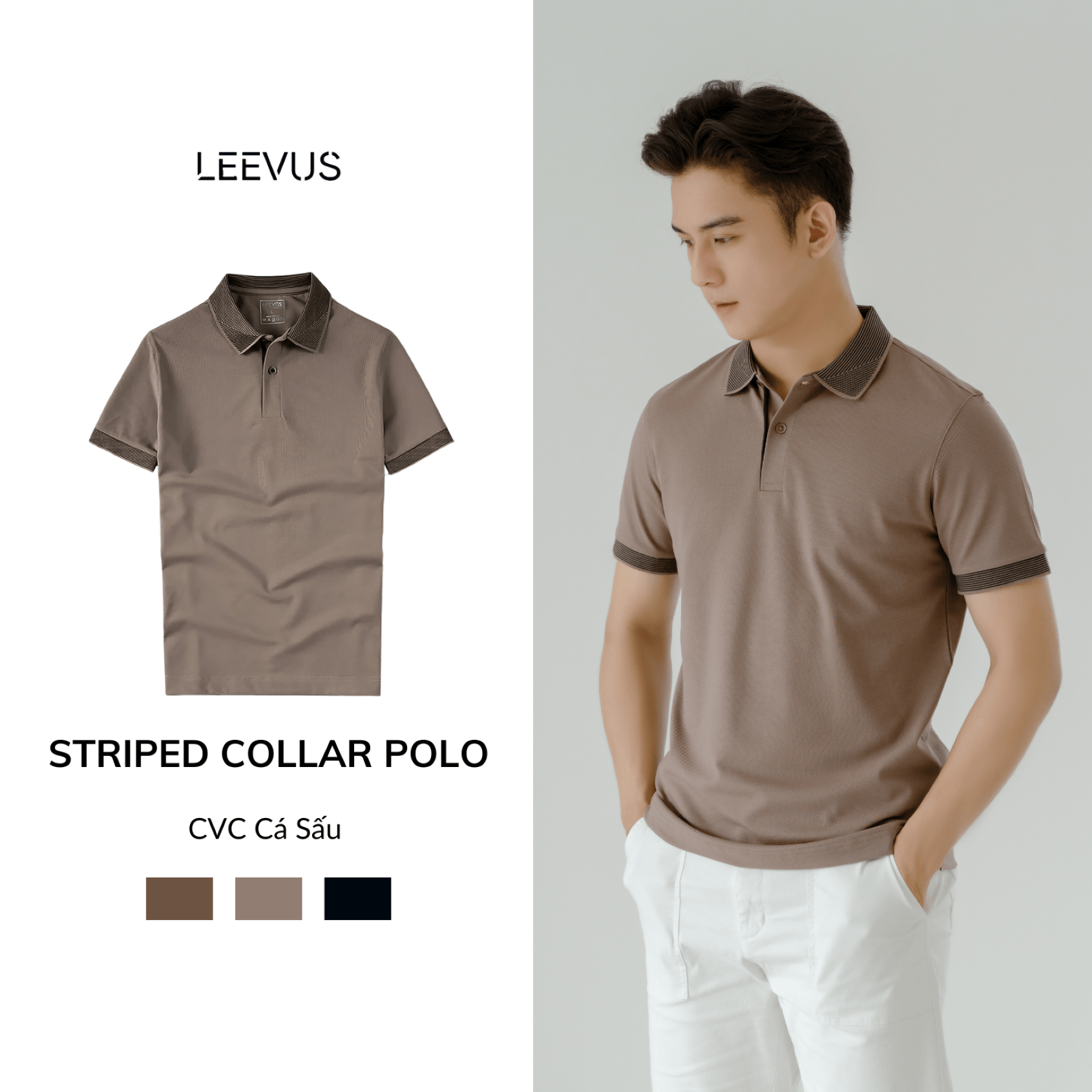 Mô tả Áo Polo nam STRIPED COLLAR LEEVUS phối sọc cổ, vải CVC cá sấu, form regular APL320 - 1