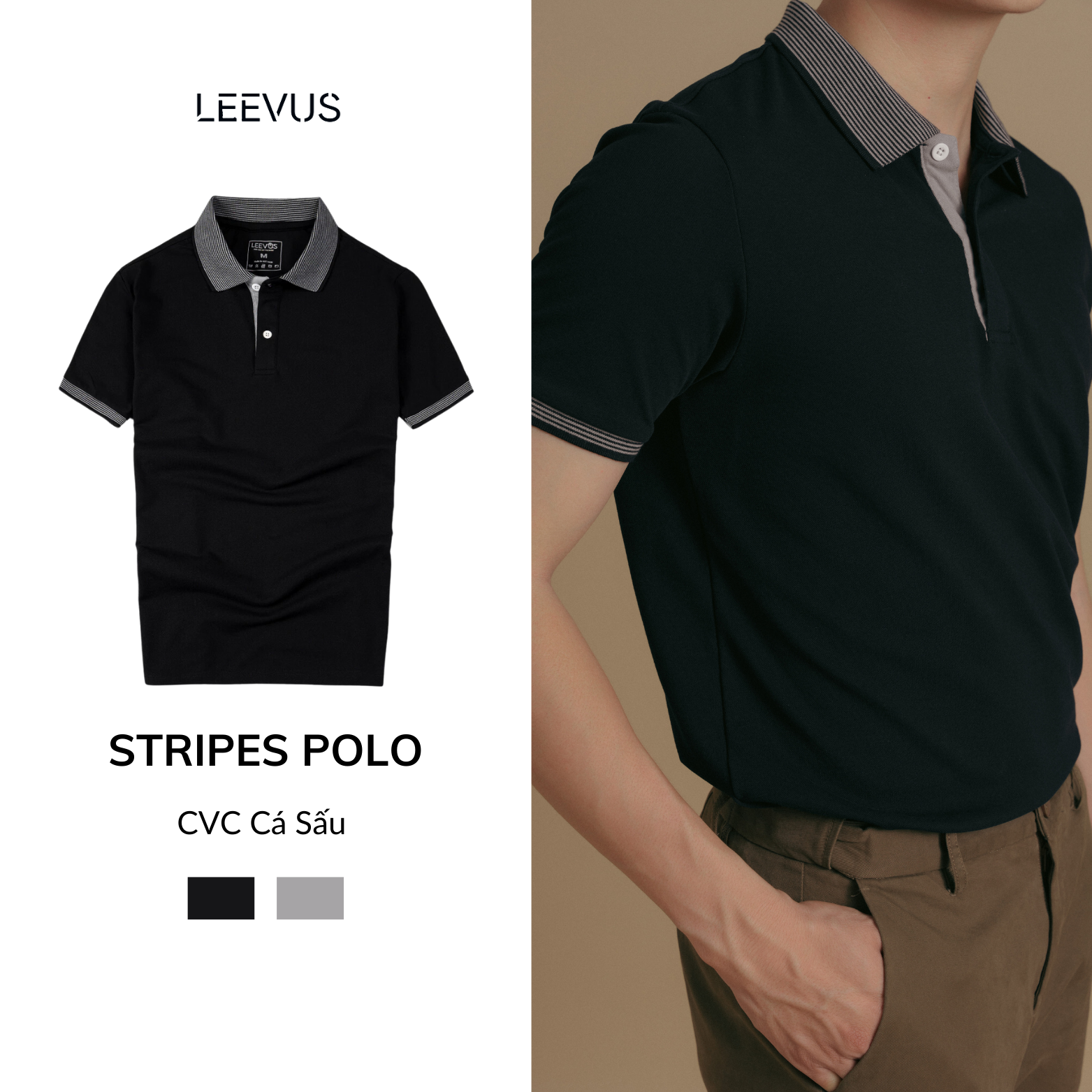 Mô tả Áo Polo nam STRIPES LEEVUS phối bo dệt, vải CVC cá sấu, form regular APL275 - 1