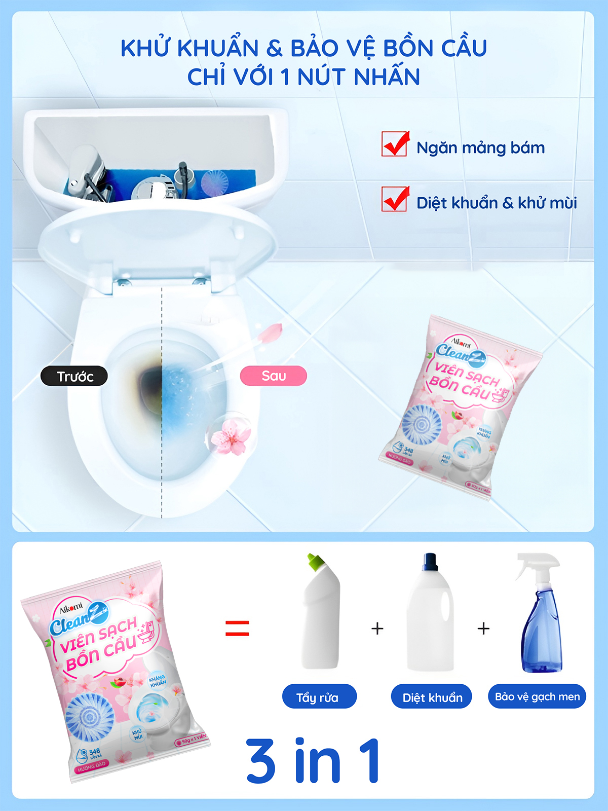 Mô tả Viên sạch bồn cầu CleanZ chai thả bồn cầu sạch khuẩn tẩy sạch mảng bám khử mùi diệt vi khuẩn toilet - 2