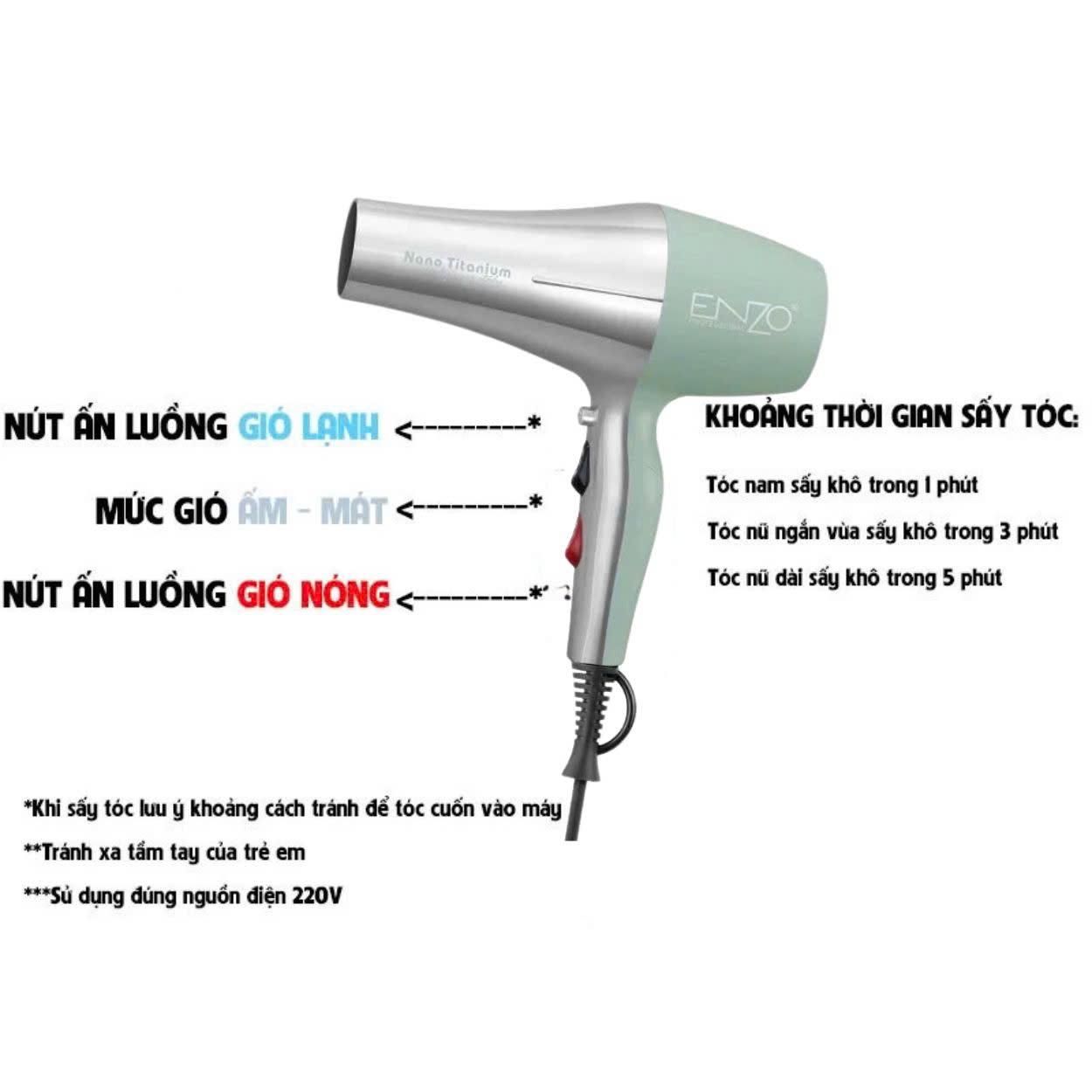 Mô tả Máy sấy tóc ENZO công suất lớn, 2 chiều nóng lạnh, công nghệ ion âm giúp tóc bóng mượt, BH 5 Năm - 3