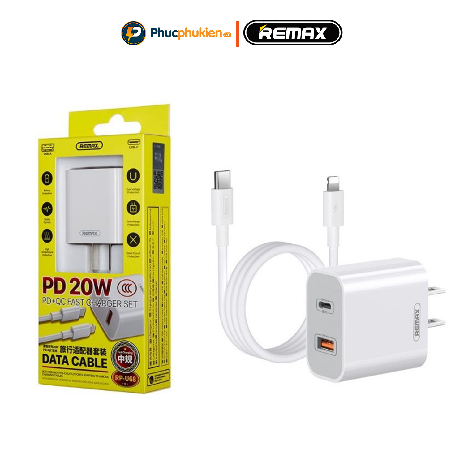 Mô tả Remax U68 - Bộ sạc 2 cổng 20w sạc nhanh PD 20w và QC3.0 18w sạc 30 phút đầy 50% pin - Phúc Phụ Kiện - 6