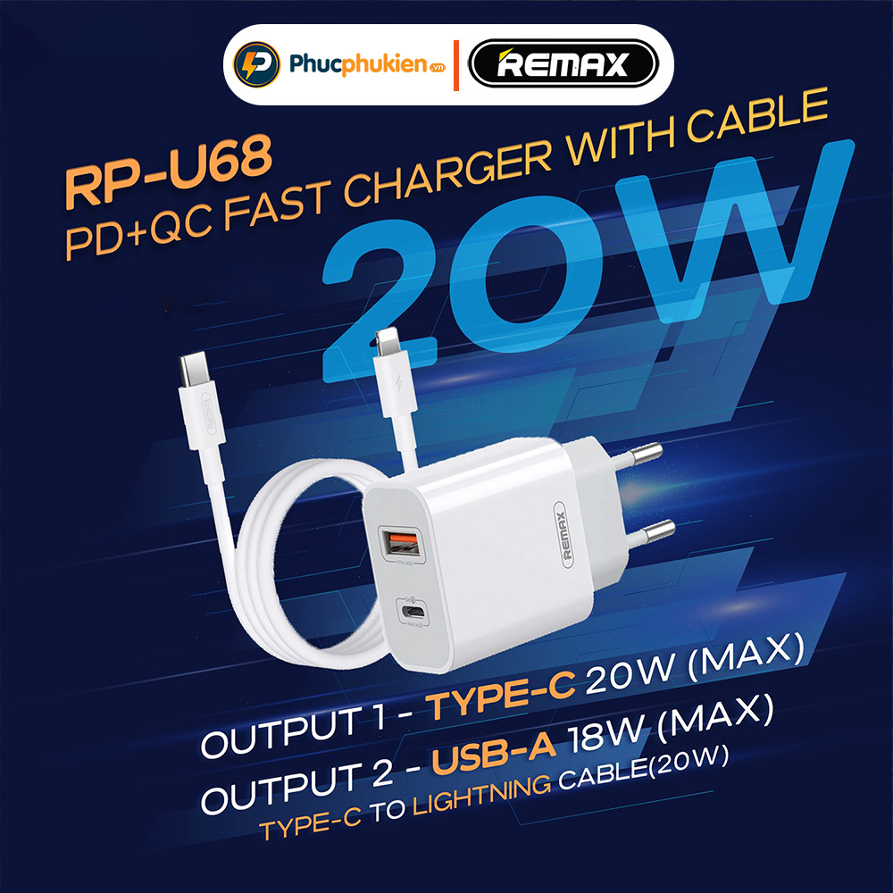 Mô tả Remax U68 - Bộ sạc 2 cổng 20w sạc nhanh PD 20w và QC3.0 18w sạc 30 phút đầy 50% pin - Phúc Phụ Kiện - 1