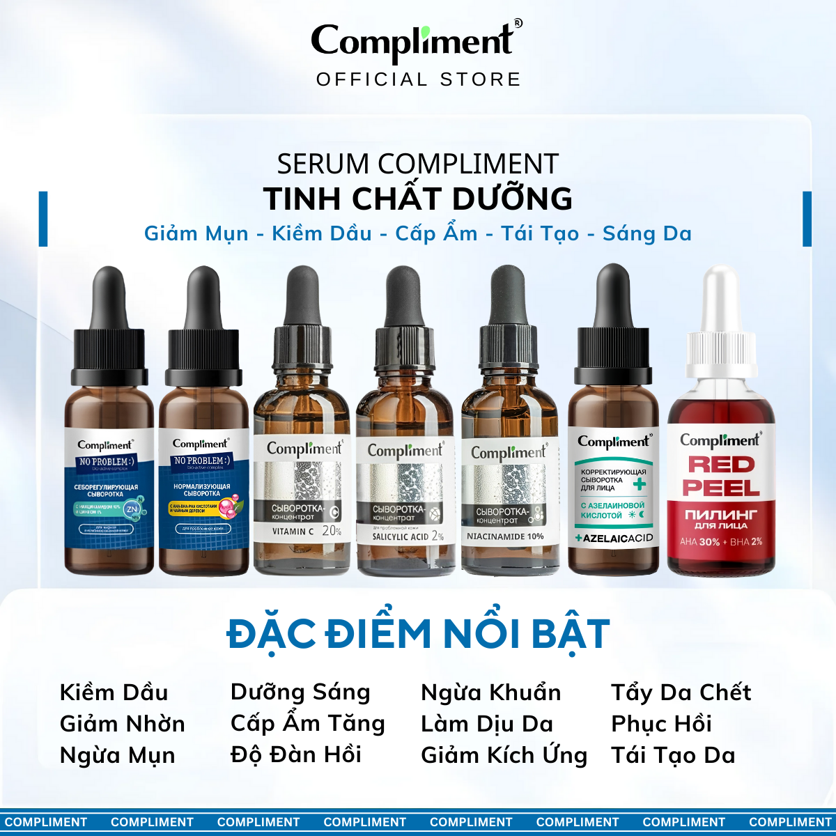 Mô tả Serum Compliment 2% BHA Hyaluronic Acid B5 5% Vitamin C 20% Làm Sạch Da, Giảm Mụn Trắng Da 27ml - 1