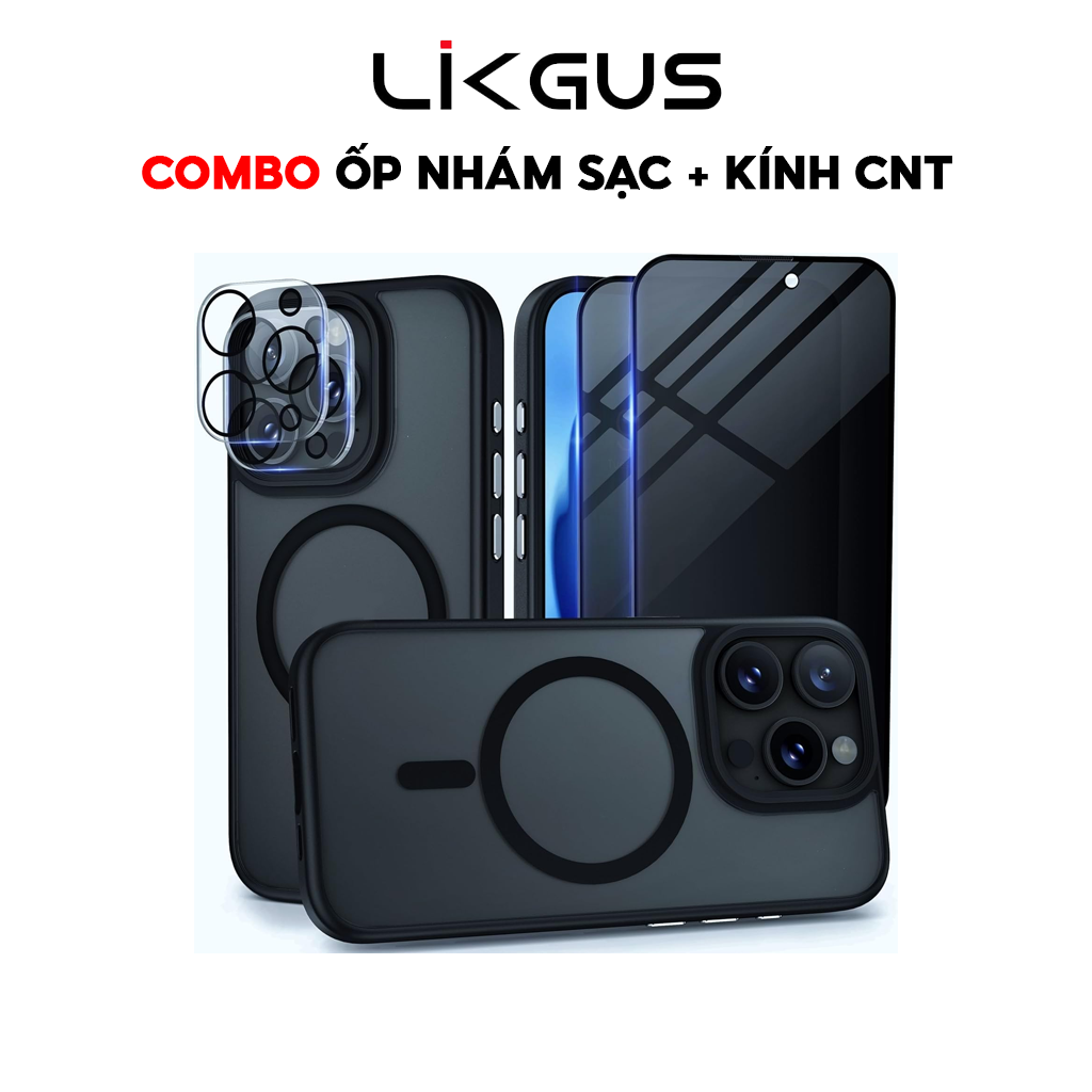 Mô tả 𝗖𝗢𝗠𝗕𝗢 - Ốp LIKGUS Nhám Sạc Không Dây, Chống Sốc, Chống Vân Tay + Kính Cường Lực Chống Nhìn Trộm + Bảo Vệ Camera - 1