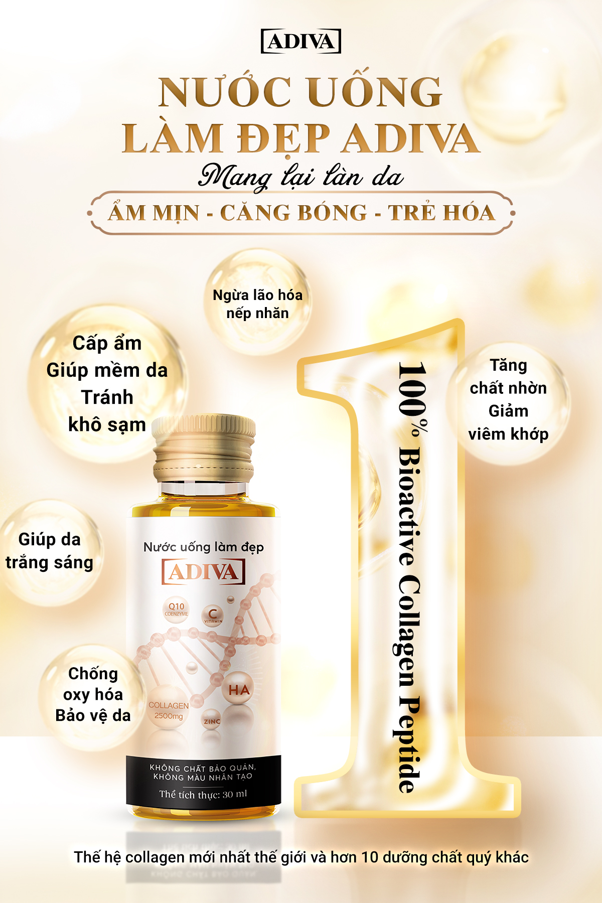 Mô tả Combo 3 Hộp Nước Uống Làm Đẹp Collagen ADIVA Tem Trắng (42 Chai) - Giúp Làn Da Săn Chắc, Ảm Mịn Và Căn - 3