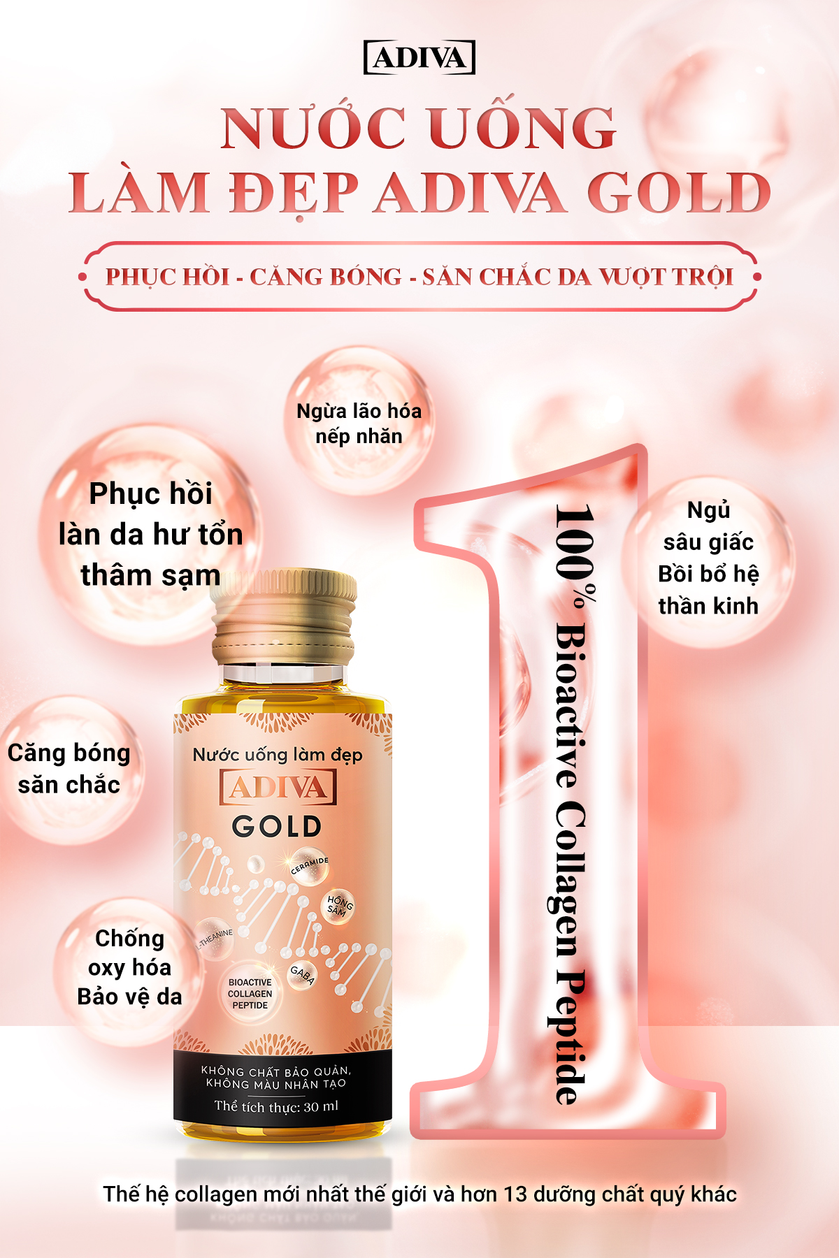 Mô tả Combo 4 Hộp Nước Uống Làm Đẹp Collagen ADIVA Gold (56 Chai)- Giúp Làn Da Căng Mịn, Giảm Nếp Nhăn Và Chống Lão Hóa - 3
