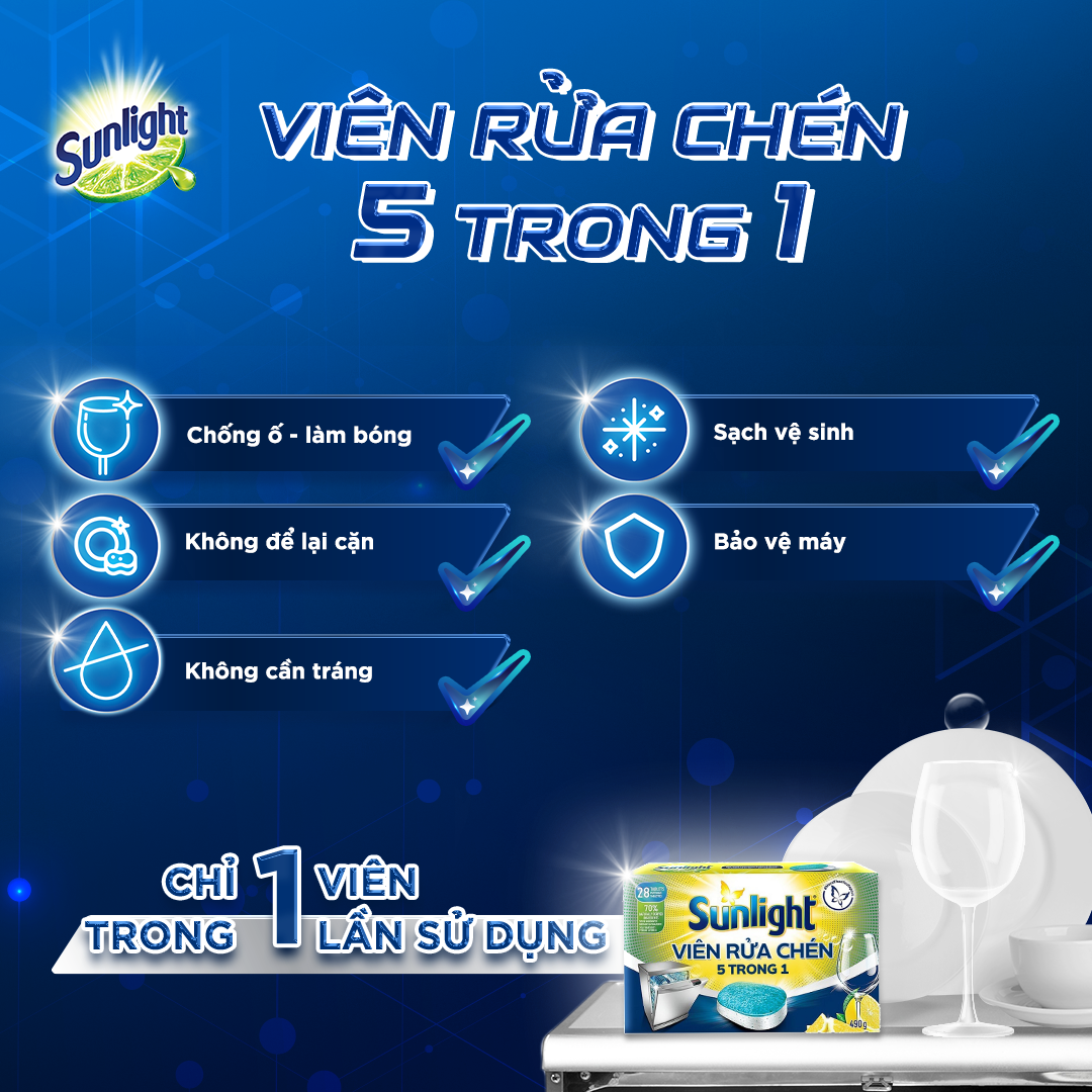 Mô tả Combo 6 Hộp Viên Rửa Chén Bát Sunlight 5 in 1 Dành Cho Máy Rửa Chén (28 Viên/Hộp) - 4