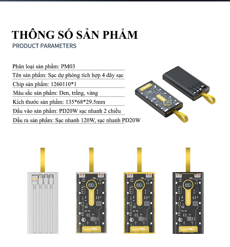 Mô tả Sạc Dự Phòng 120W 30000mAh Trong Suốt Tích Hợp 4 Cổng Sạc Tiện Lợi Sạc Siêu Nhanh Có Đèn LED - 1