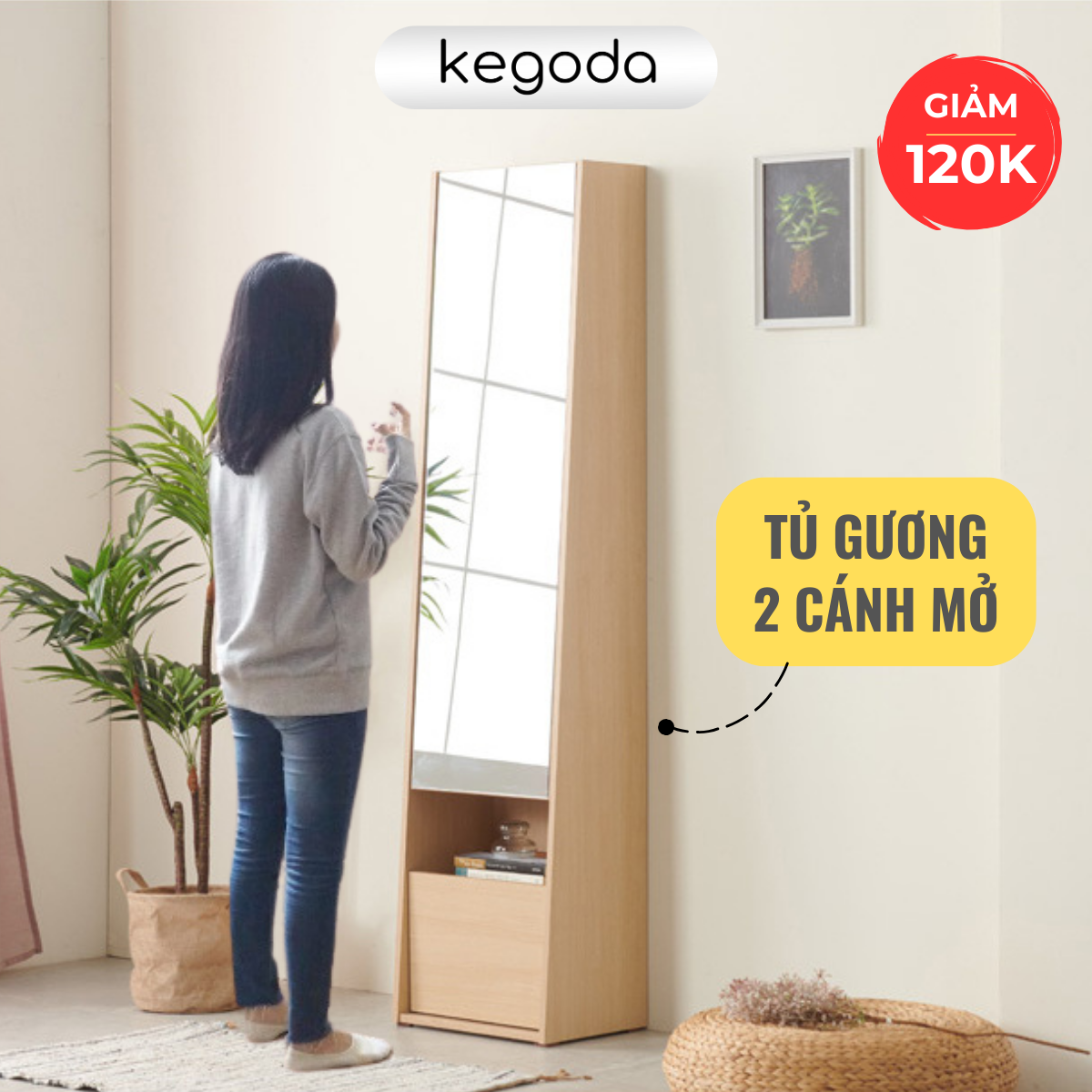 Mô tả Tủ Trang Điểm Decor Có Gương Soi Toàn Thân Đứng Hack Dáng Đẹp, 2 Cánh Mở, Cao 165cm KEGODA KGD43 - 1