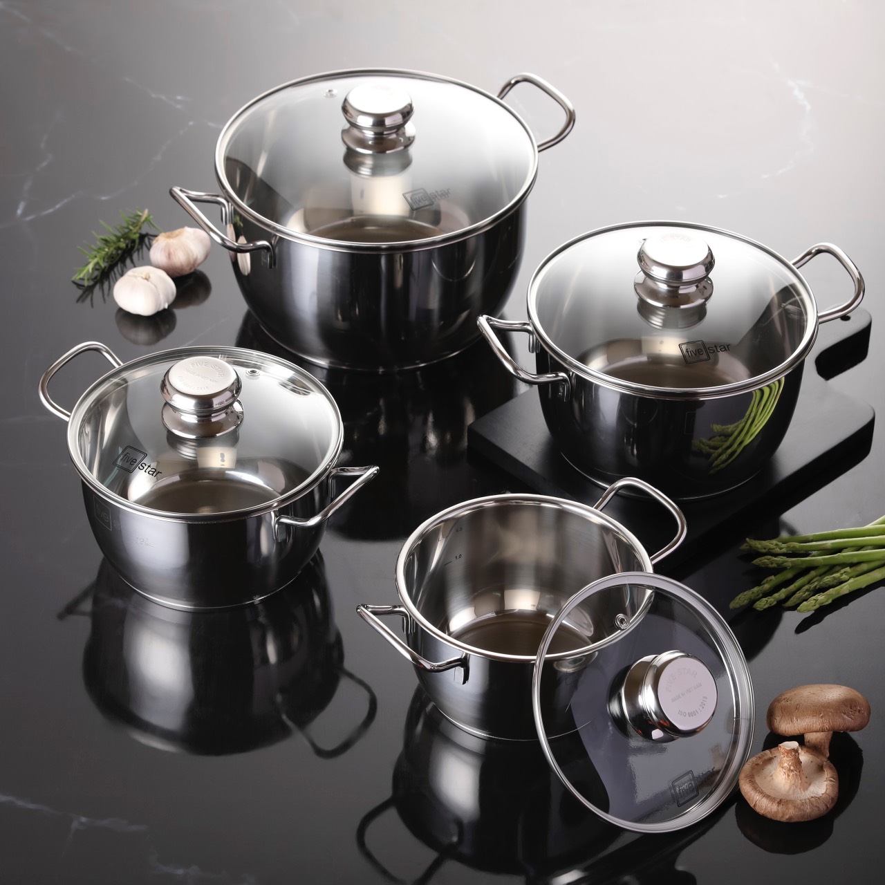 Mô tả Nồi Inox 304 cao cấp Fivestar Plus nắp kính, 3 đáy dùng được nhiều loại bếp size 16cm | 18cm | 20cm | 24cm - 1