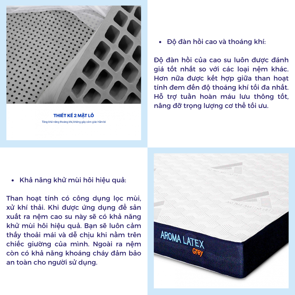 Mô tả Nệm Cao Su Hoạt Tính Aroma Grey, 100% Cao Su Thiên Nhiên, Kháng Khuẩn, Chống Nấm Mốc, Bảo Hành Xẹp Lún 10 Năm - 4