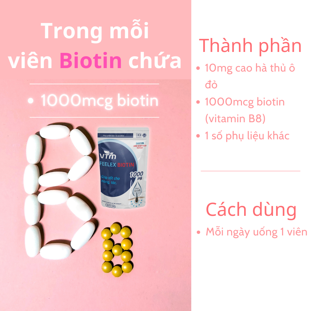Mô tả Viên uống VTM Feelex Biotin ngăn rụng tóc, hỗ trợ mọc tóc Biotin gói 30 viên (30 Ngày) - 2