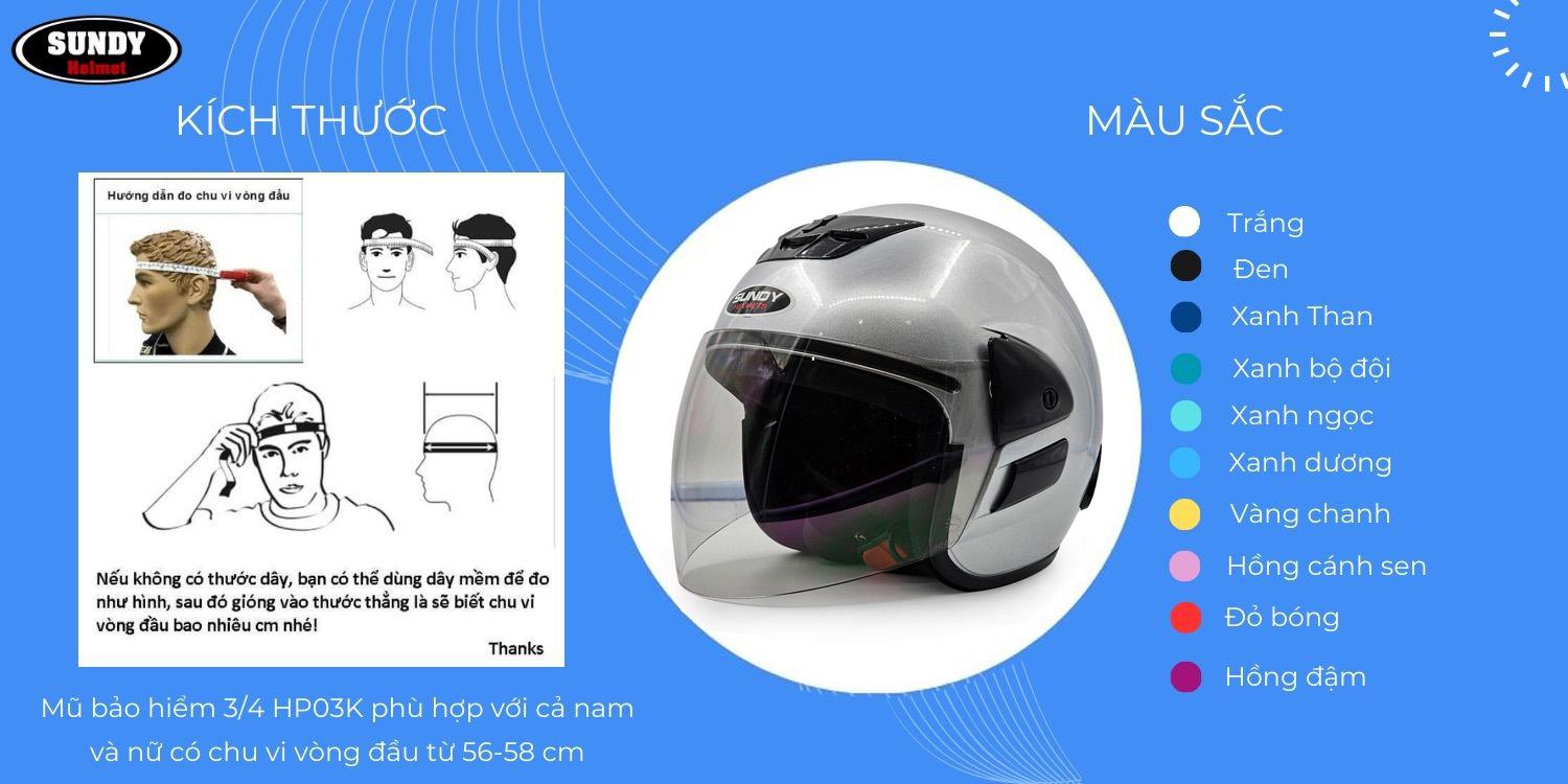 Mô tả Mũ bảo hiểm 3/4 có kính chụp tai SUNDY Helmets HP03K an toàn, thời trang cho nam và nữ, size 56-59cm - 2