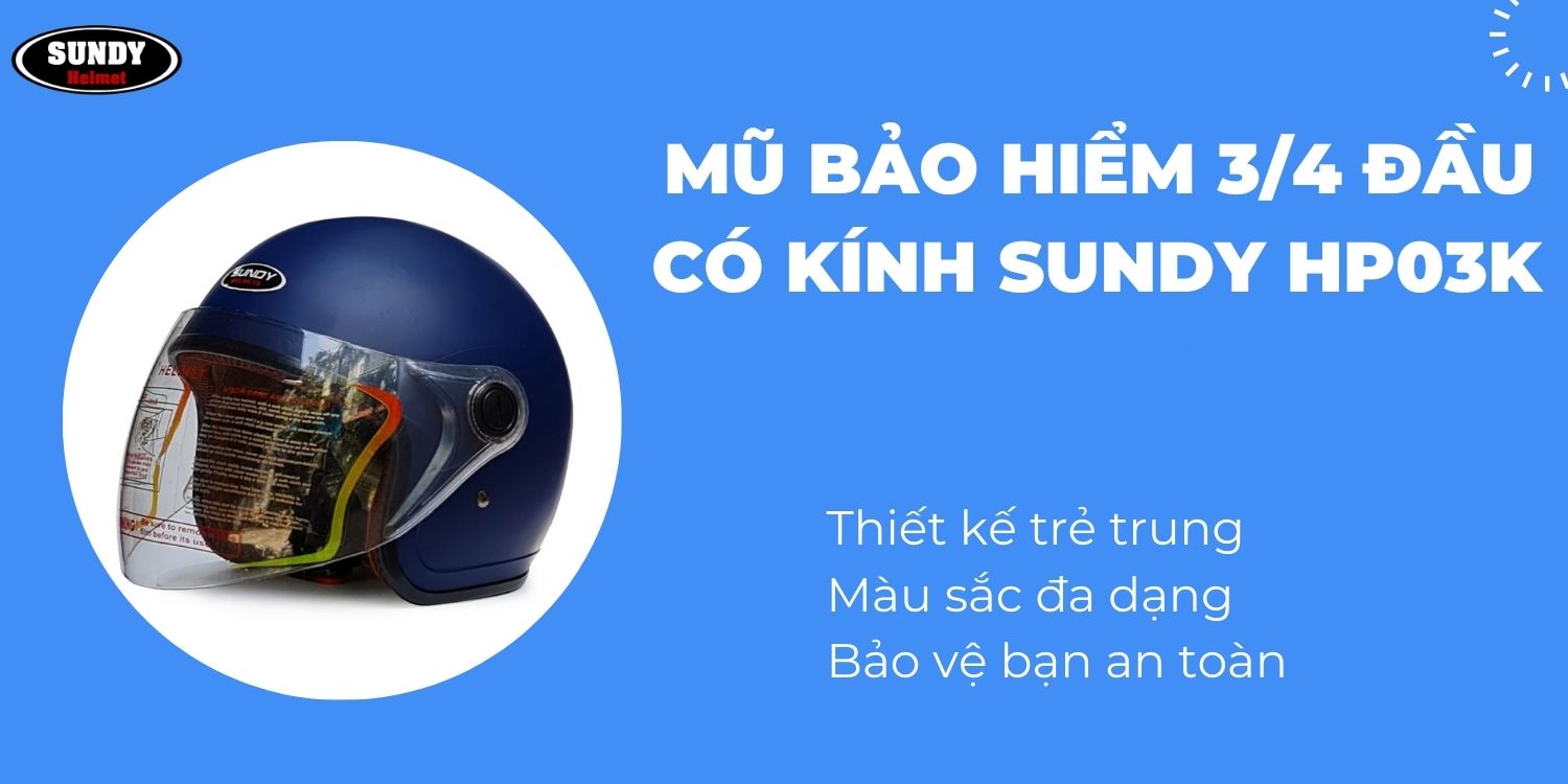 Mô tả Mũ bảo hiểm chụp tai 3/4 đầu có kính SUNDY Helmets HP03K, Freesize 56-58cm an toàn, thời trang cho cả nam và nữ - 1