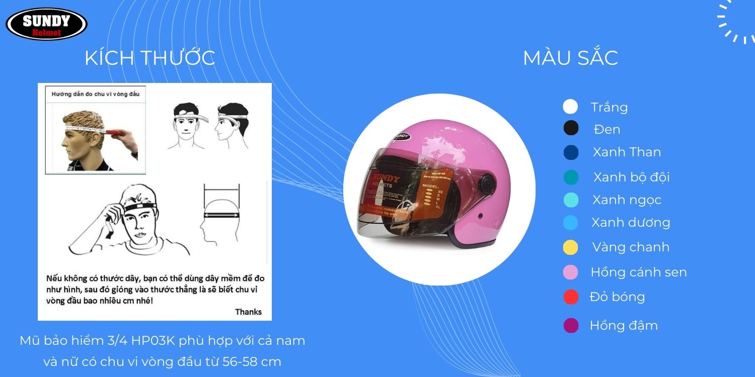 Mô tả Mũ bảo hiểm chụp tai 3/4 đầu có kính SUNDY Helmets HP03K, Freesize 56-58cm an toàn, thời trang cho cả nam và nữ - 2