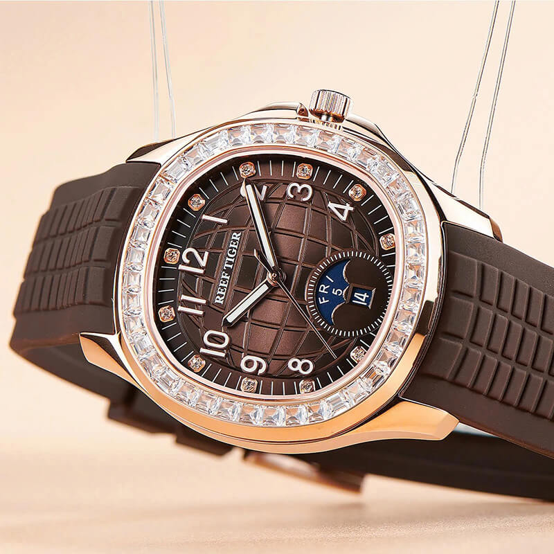 Mô tả Đồng hồ nam chính hãng Reef Tiger RGA1805-3 kính chống xước,chống nước 50m,Bh 24 tháng,máy cơ (automatic),Dây cao su nâu - 2
