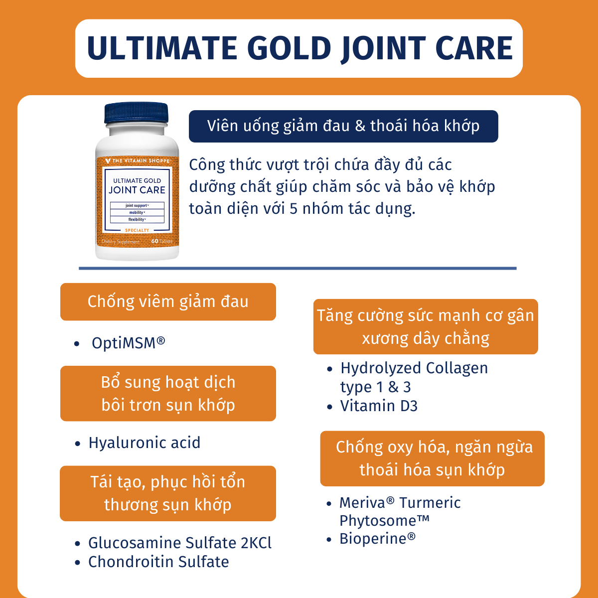 Mô tả Viên uống giảm đau, thoái hóa Khớp The Vitamin Shoppe ULTIMATE GOLD JOINT-CARE 60 viên - 2