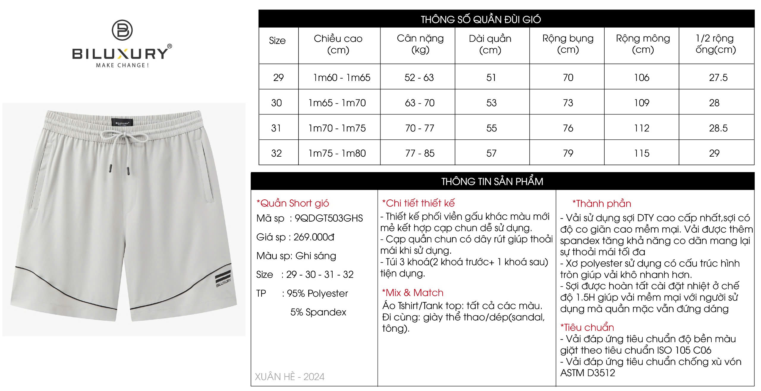 Mô tả Quần Đùi Short Nam Thêu Chữ Kí 9QDGT503 Biluxury Vải Gió Mỏng Mát Không Bai Gião Co Xù Có Túi Trước Sau - 1