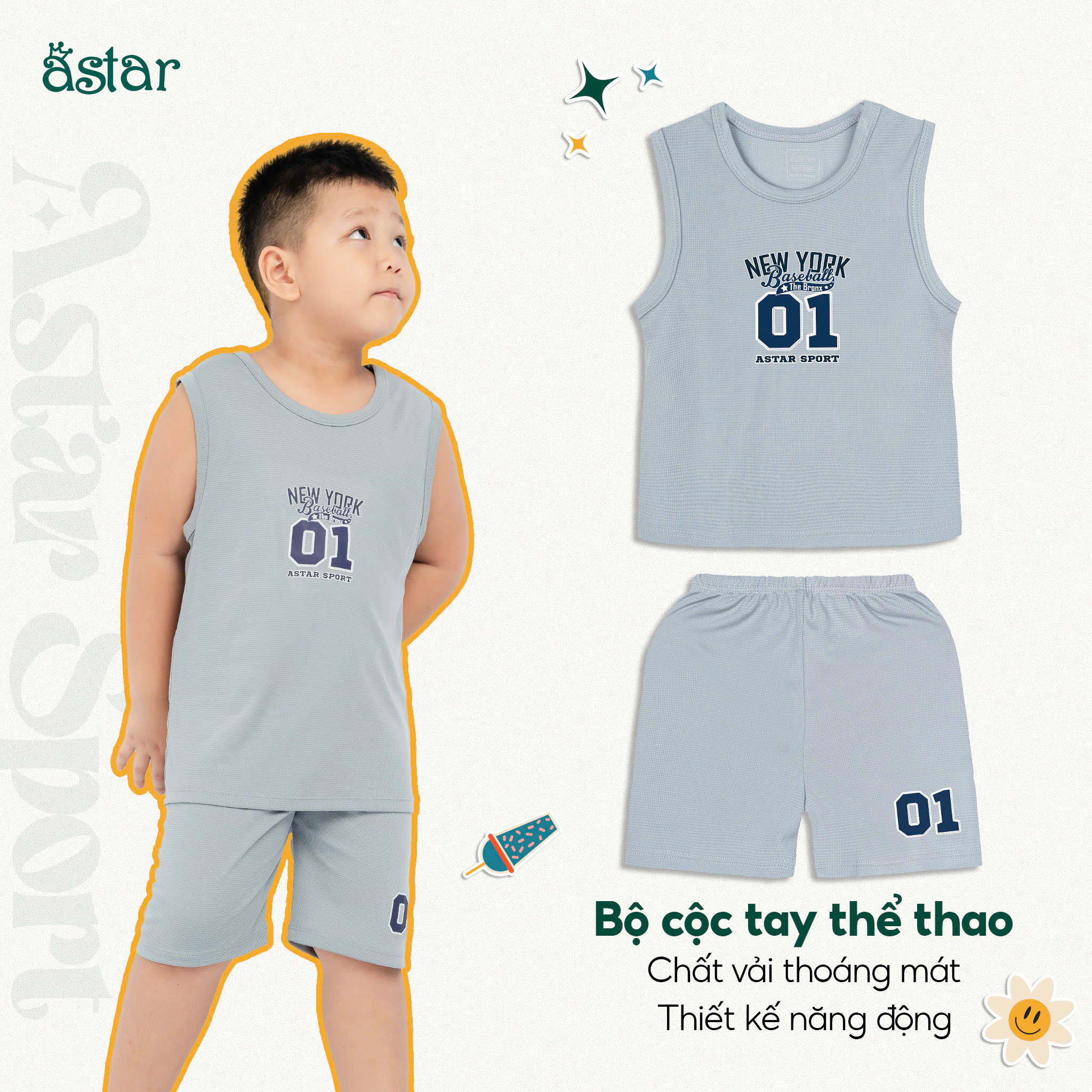 Mô tả Bộ ba lỗ thể thao Astar chất vải poly cool mát mẻ, thoáng khí cho bé từ 12 tháng đến 7 tuổi - 2