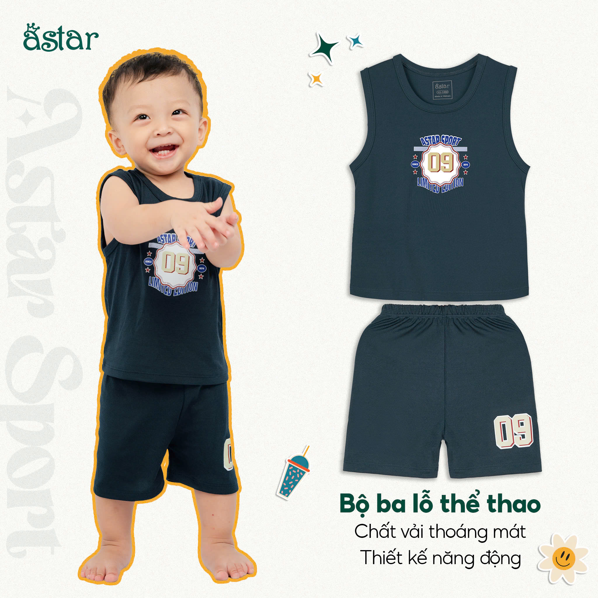 Mô tả Bộ ba lỗ thể thao Astar chất vải poly cool mát mẻ, thoáng khí cho bé từ 12 tháng đến 7 tuổi - 1