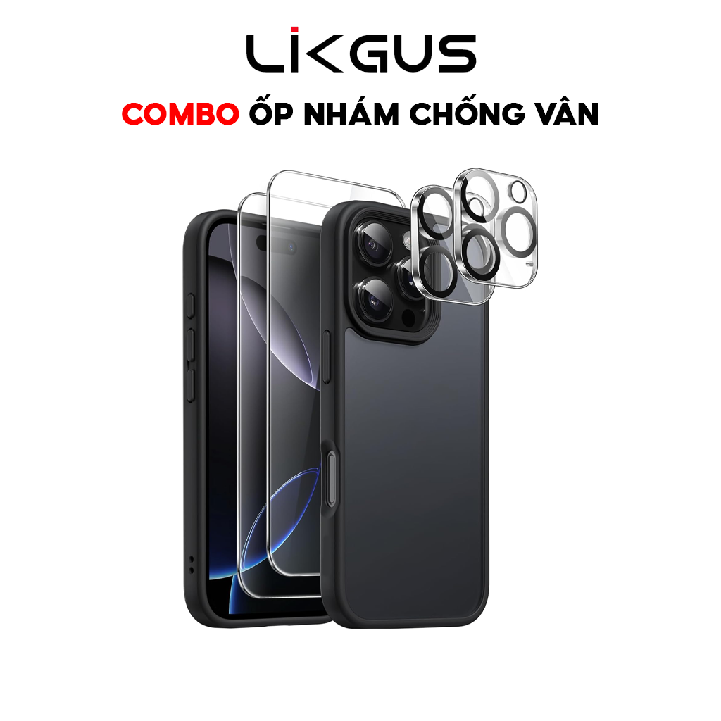 Mô tả 𝗖𝗢𝗠𝗕𝗢 - Ốp LIKGUS Nhám Chống Vân Tay, Chống Sốc 2M + Kính Cường Lực Trong Suốt + Cường Lực Bảo Vệ Camera - 1
