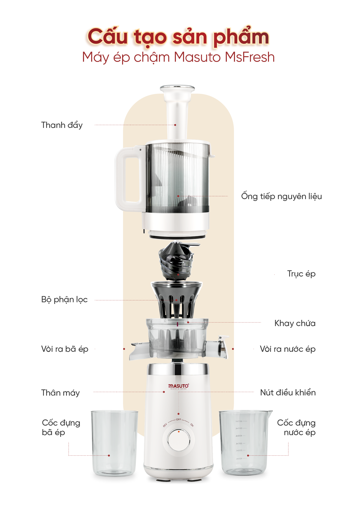 Mô tả Máy ép chậm Masuto MS Fresh công suất 150W - Ép Nguyên Quả Kiệt Bã, Ép Cần Tây, Rau Củ, Làm Kem - 3