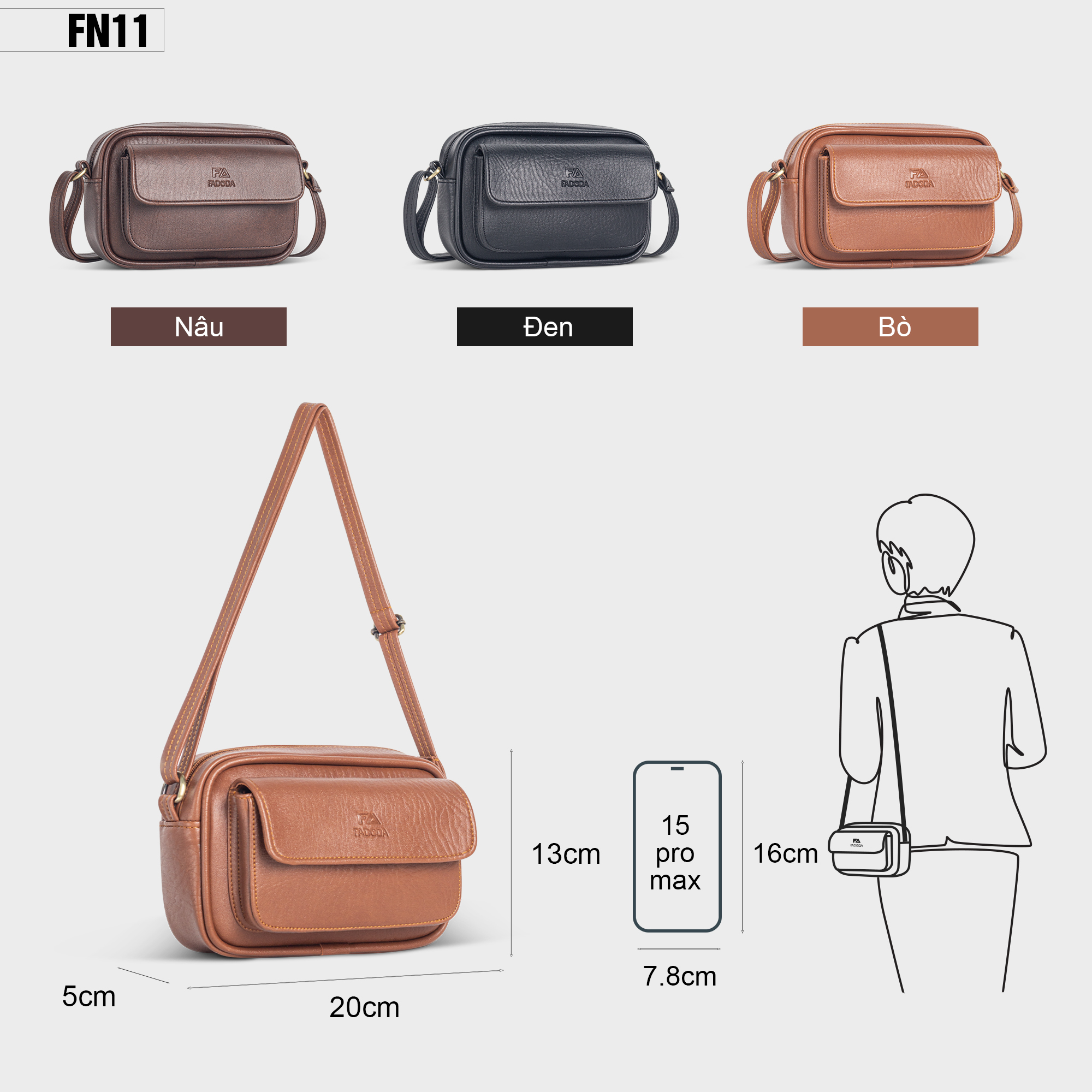 Mô tả Túi đeo chéo da Unisex dáng ngang FADODA FN11 - 2
