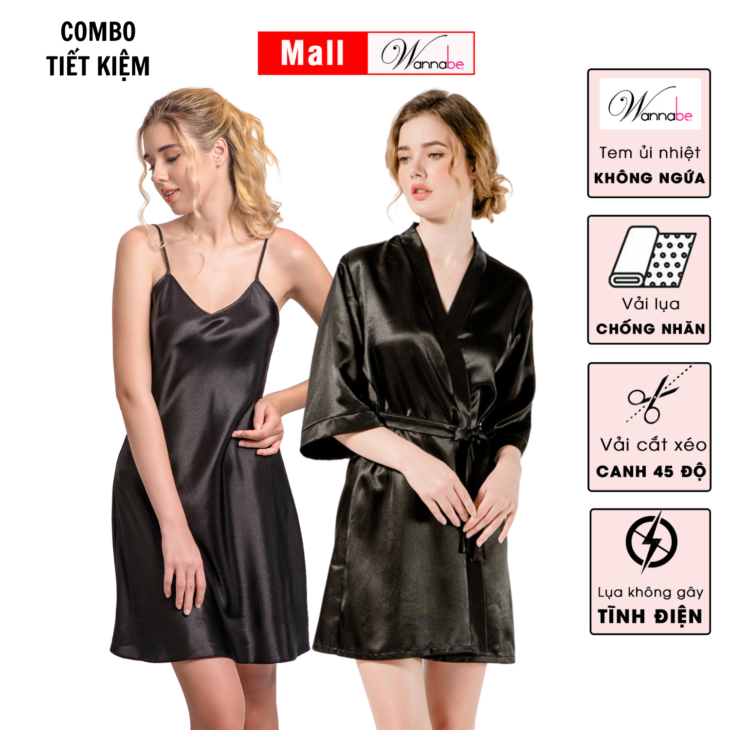 Combo áo khoác ngủ kimono và váy ngủ lụa Wannabe