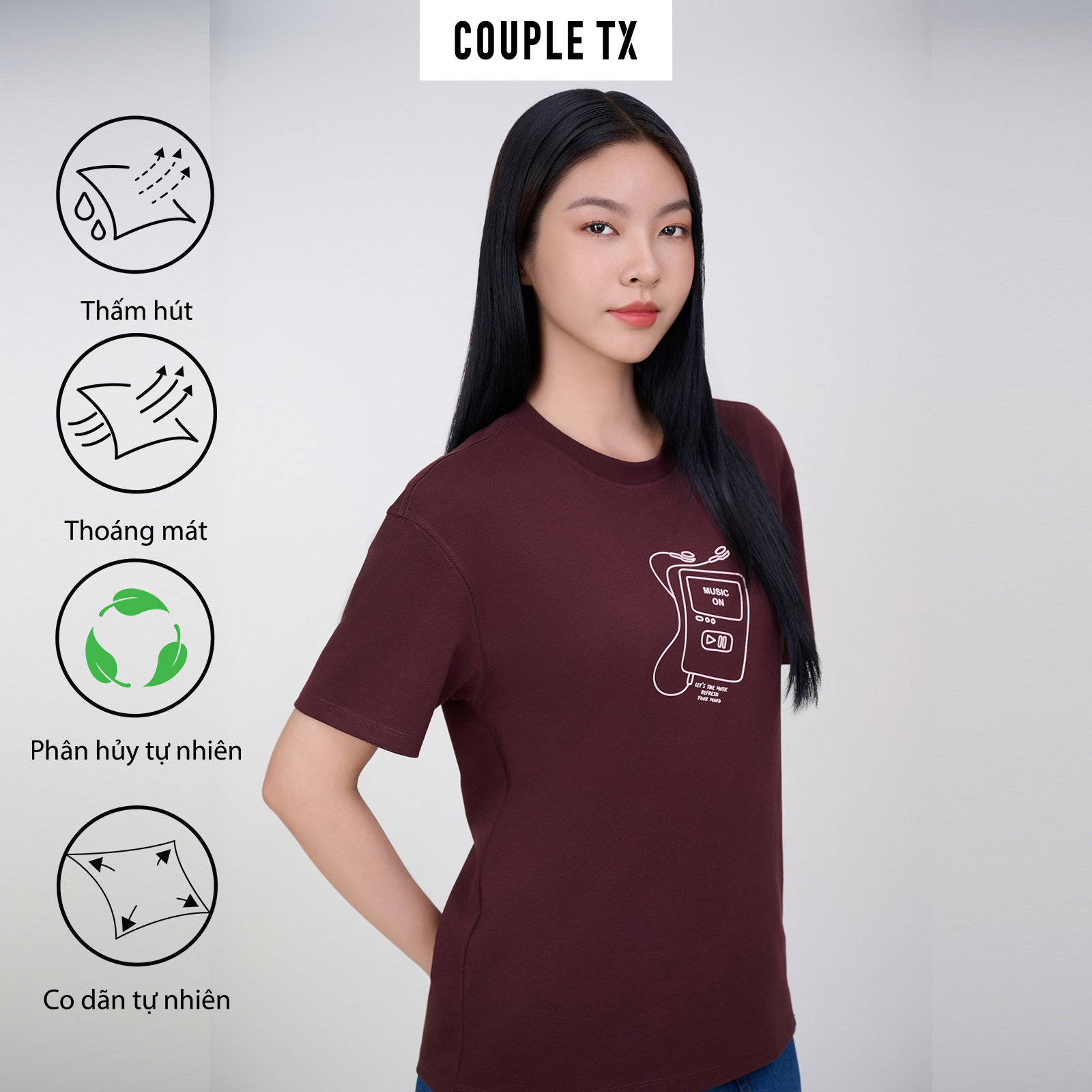 Mô tả Áo Thun Nữ Couple TX Vải Sợi Bắp In Cao "Music On" Form Relax WTS 2408 - 1