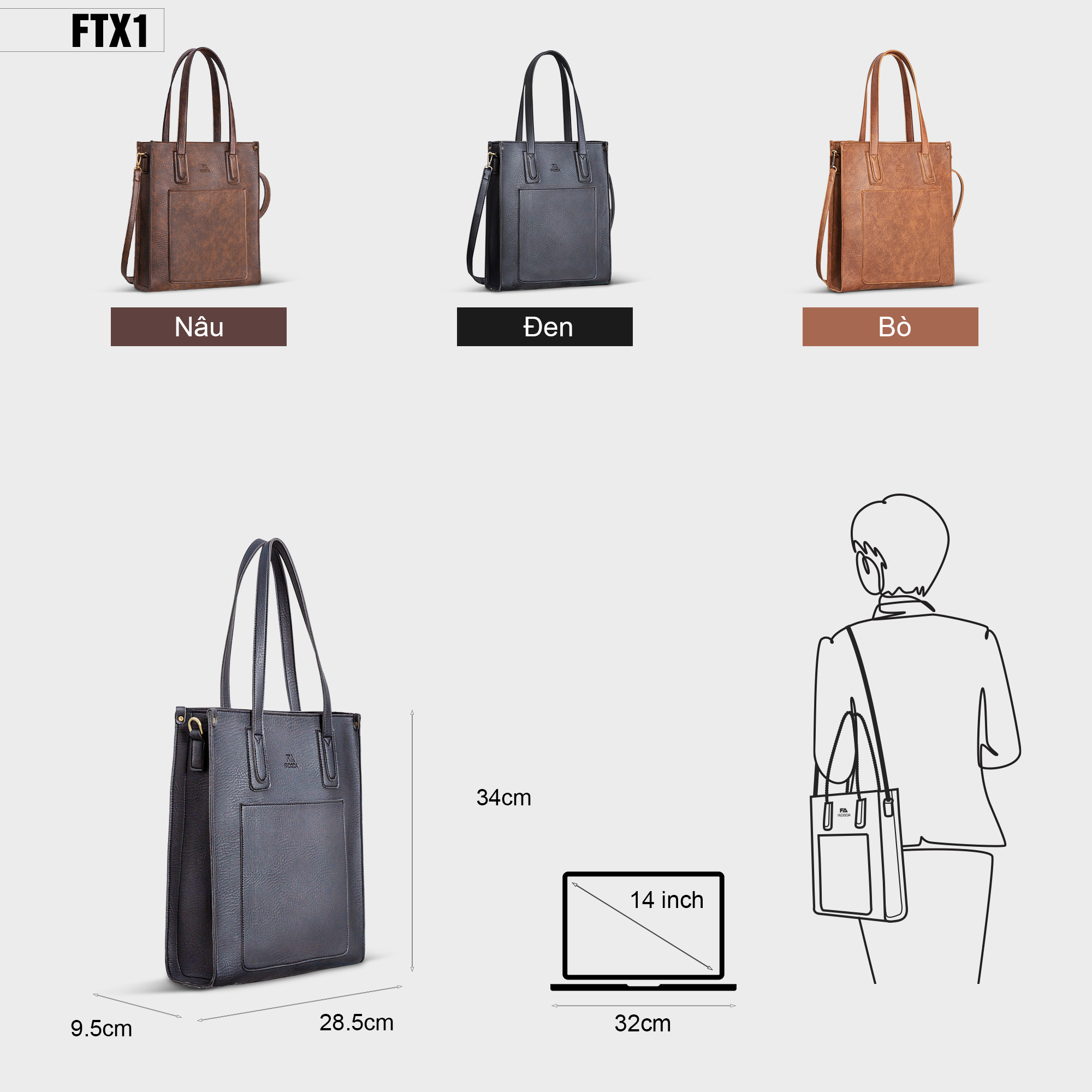 Mô tả Túi xách nữ công sở đa năng FADODA FTX1 đựng vừa laptop 14 inch và tài liệu khổ a4 - 2